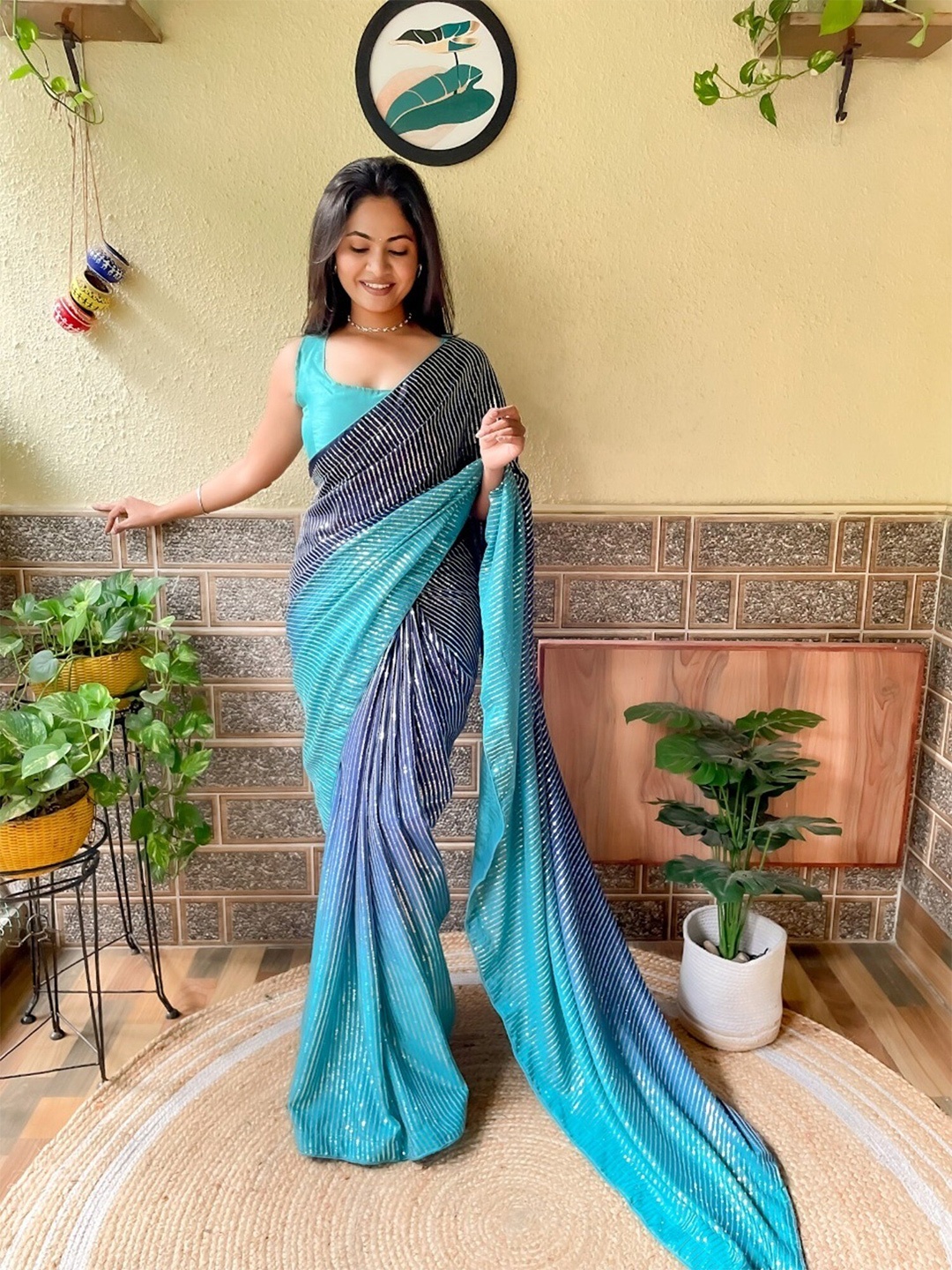 

Mitera Embellished Sequinned Art Silk Saree, Blue