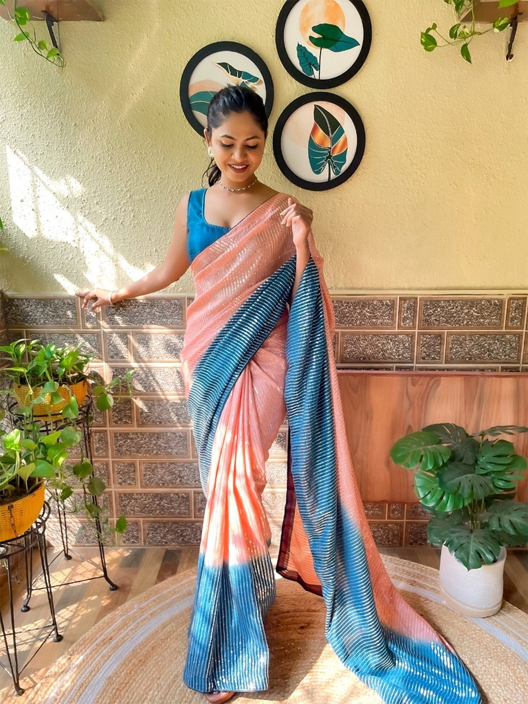 

Mitera Embellished Sequinned Art Silk Saree, Peach
