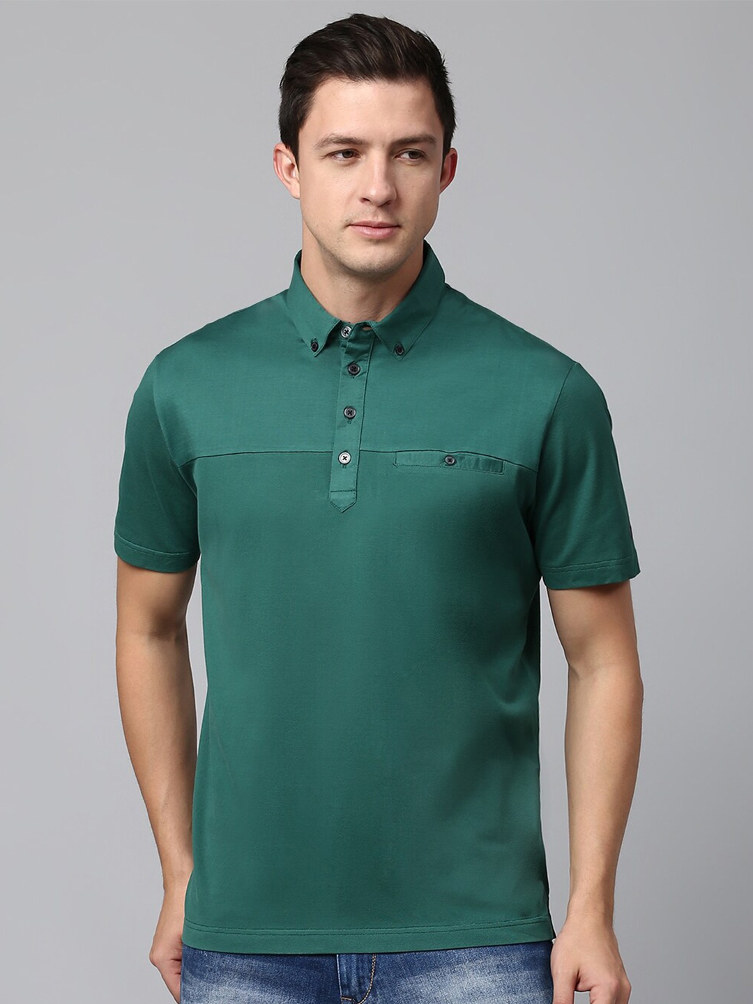 

Slowave Button-Down Collar Short Sleeves Pure Cotton T-shirt, Green