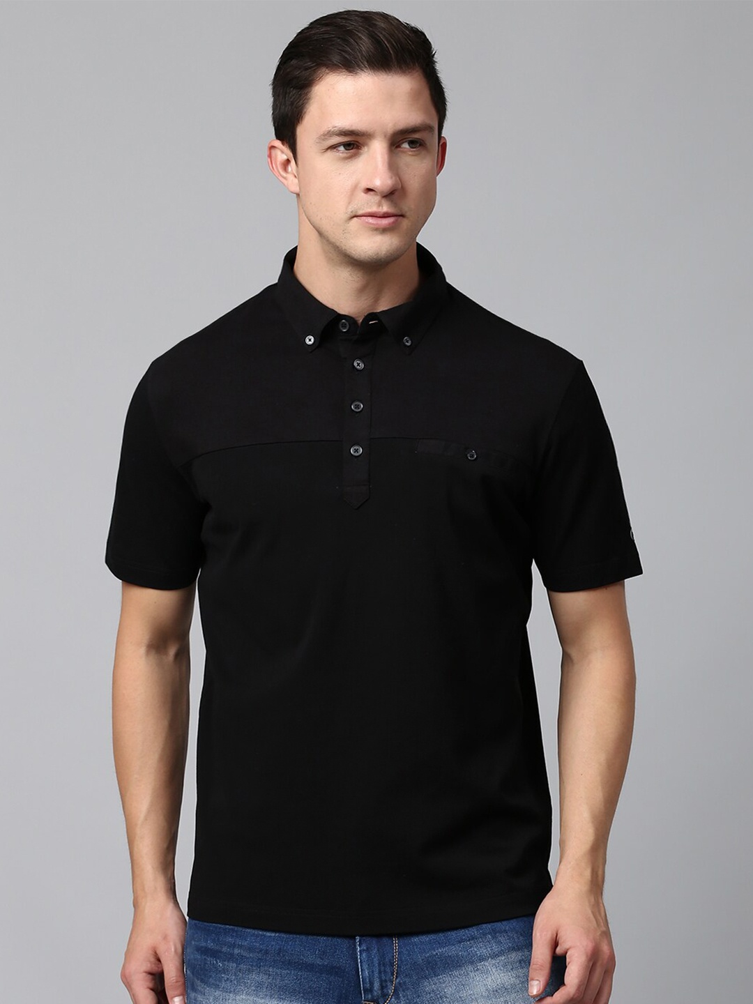 

Slowave Button-Down Collar Short sleeves Pure Cotton T-shirt, Black