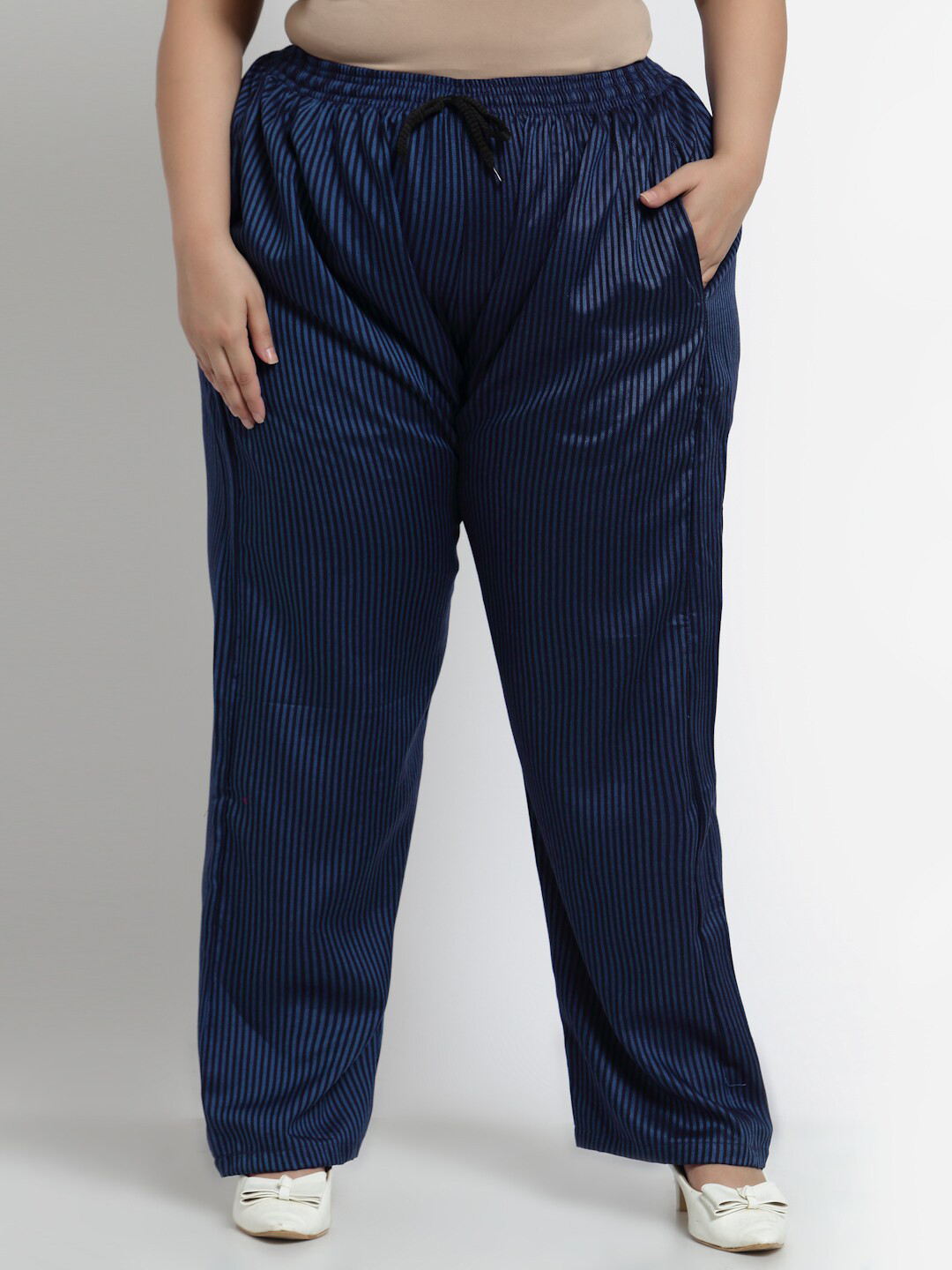 

KLOTTHE Women Plus Size Striped Printed Cotton Straight Fit Palazzo, Blue