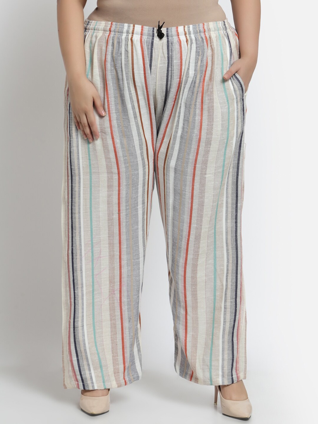 

KLOTTHE Women Plus Size Striped Straight Fit Cotton Palazzos, White