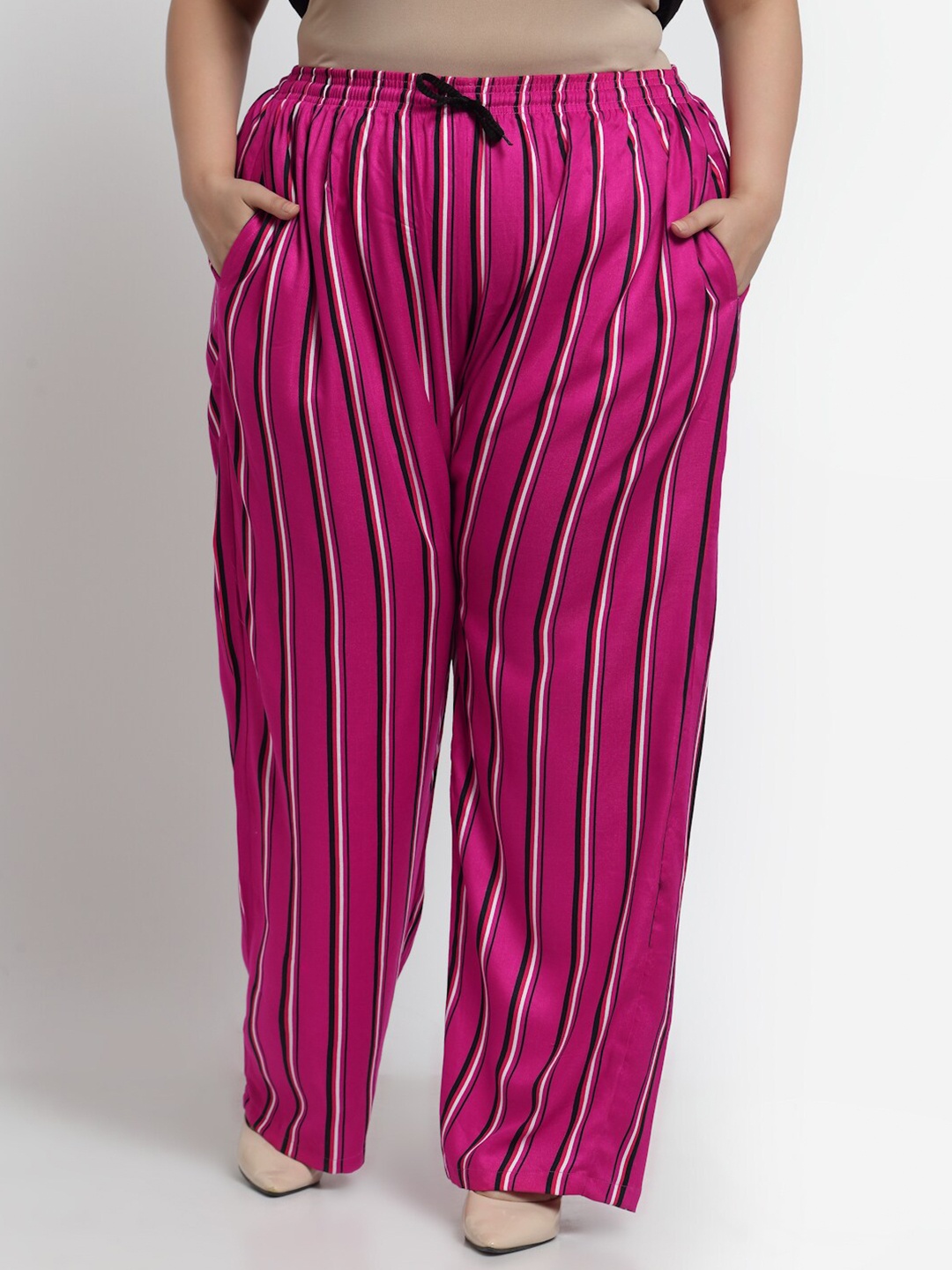 

KLOTTHE Women Plus Size Striped Wide Leg Cotton Palazzo, Pink