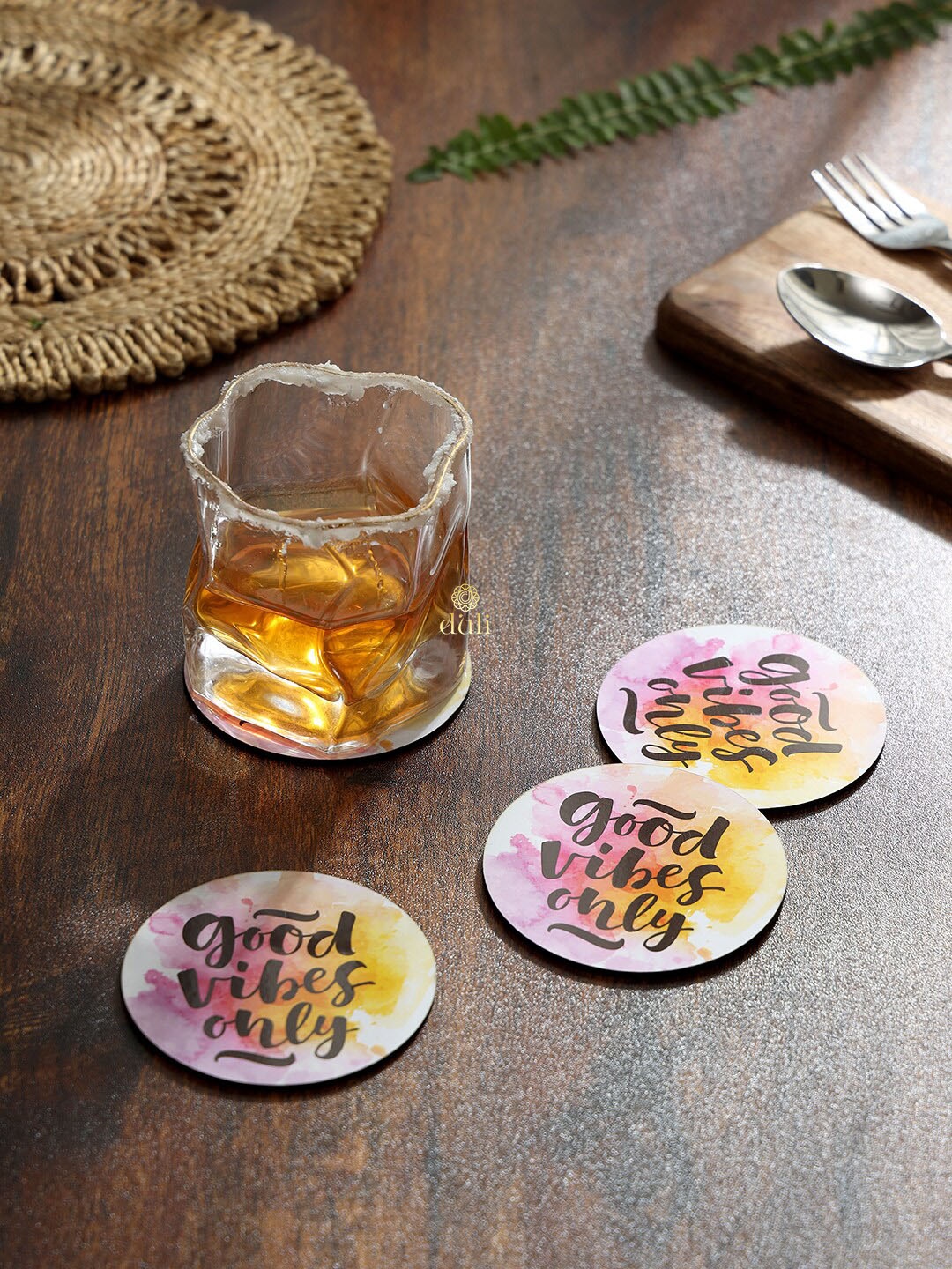 

DULI Brown & Pink 4 Pieces Good Vibes Printed Round MDF Wooden Coasters