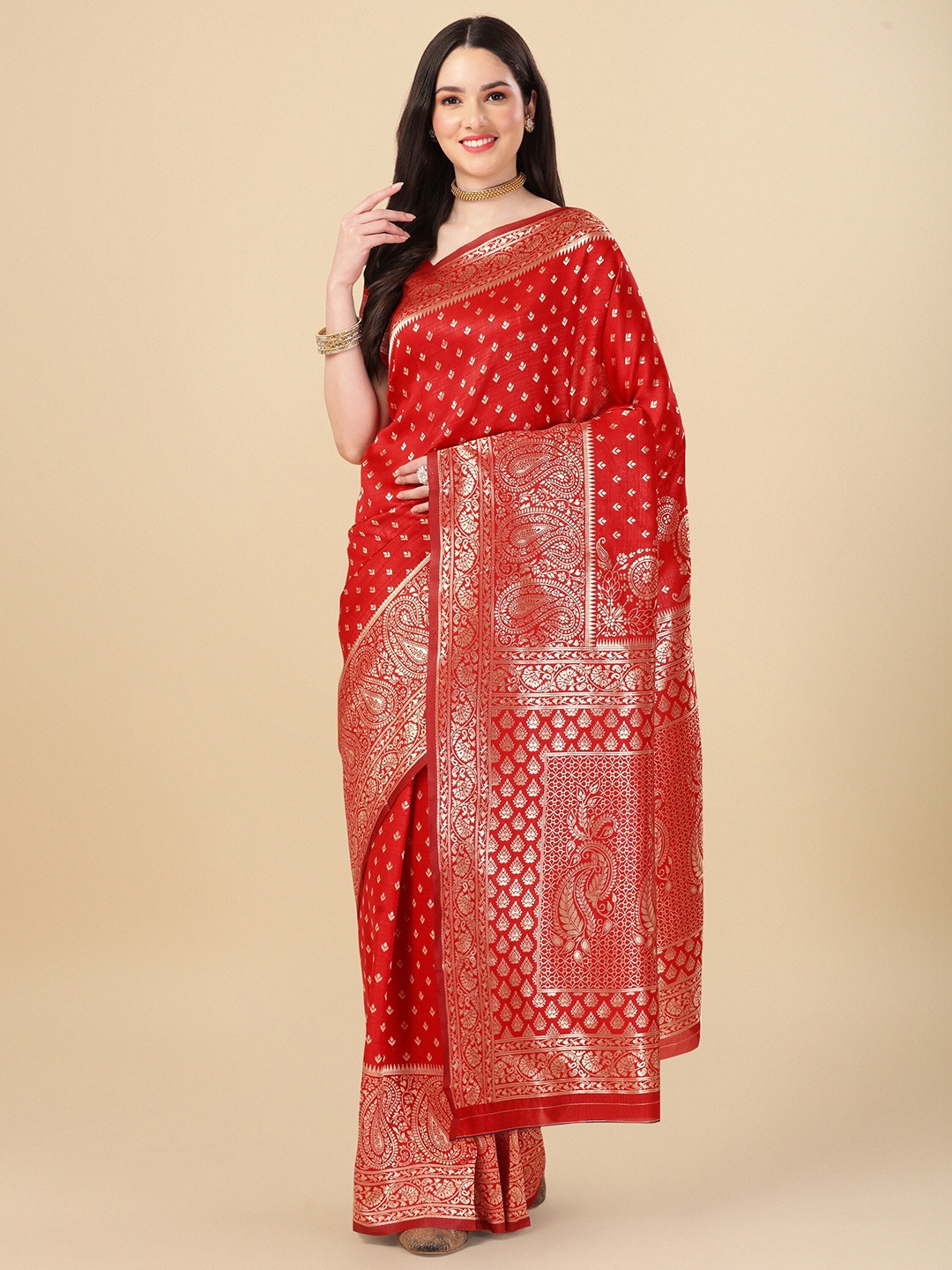 

KALINI Ethnic Motif Woven Design Zari Banarasi Saree, Red