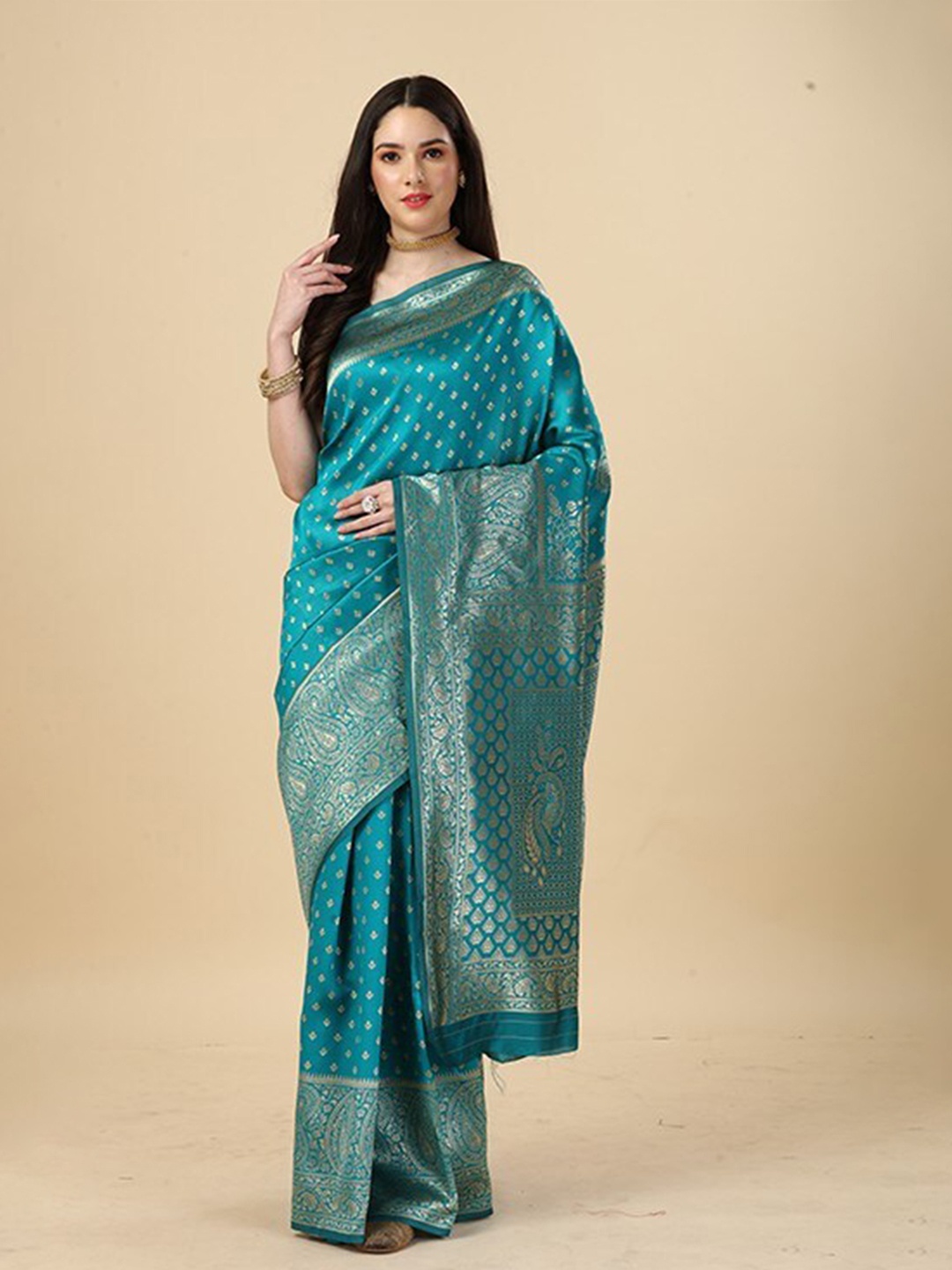 KALINI Ethnic Motifs Woven Design Zari Saree, Teal