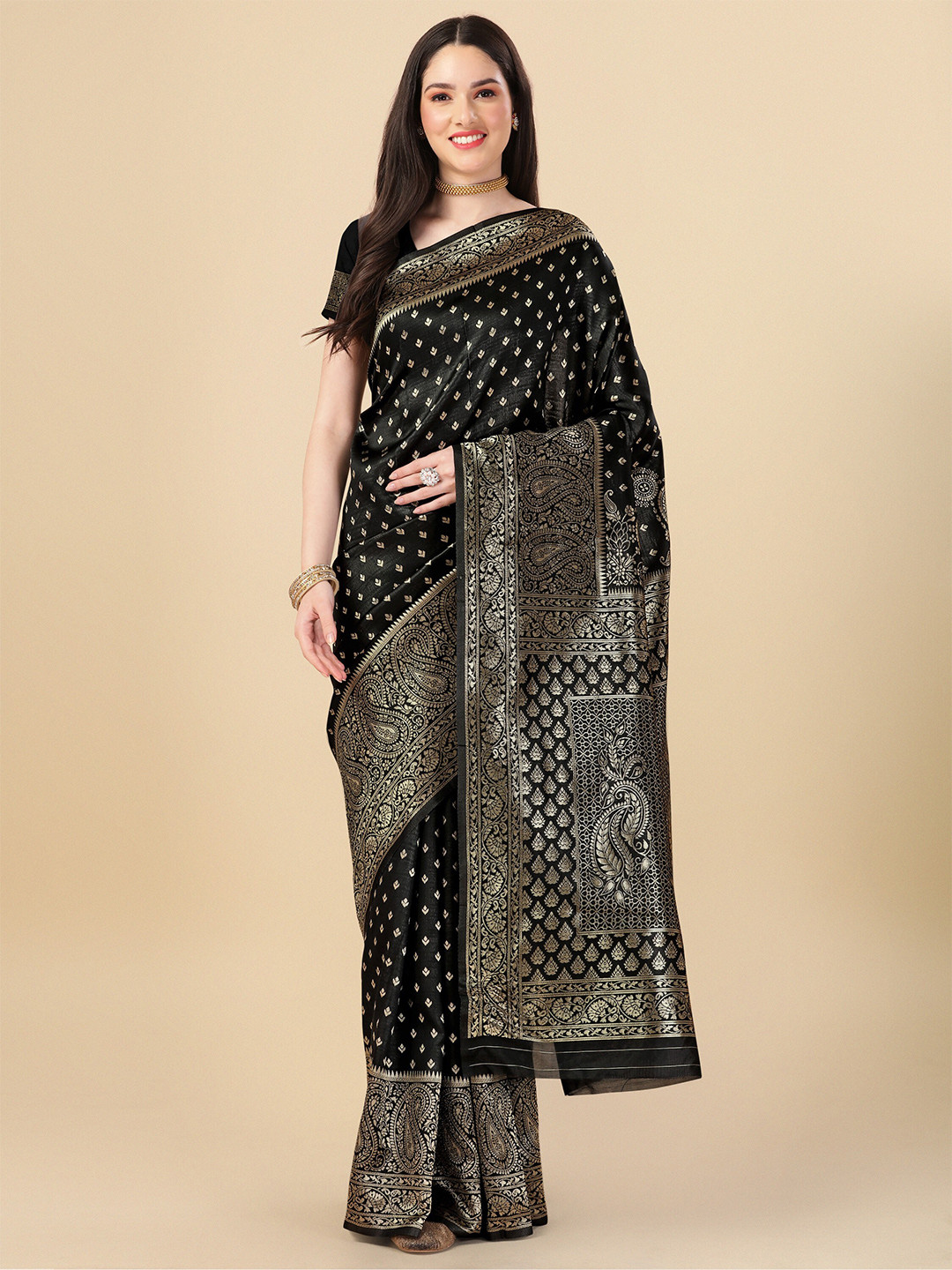

KALINI Ethnic Motifs Woven Design Zari Saree, Black