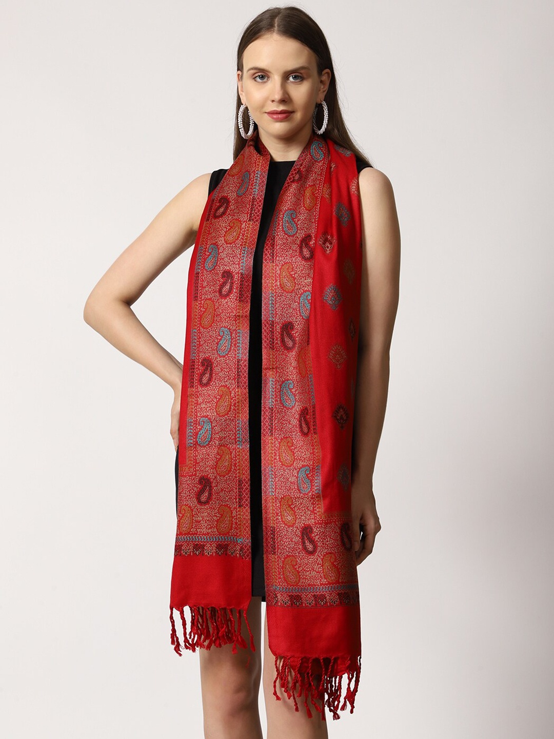 

SWI Stylish Tasselled Paisley Woven Design Woollen Stole, Maroon