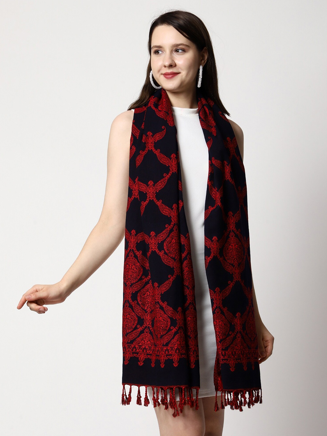 

SWI Stylish Tasselled Geometric Woven Design Woollen Stole, Navy blue