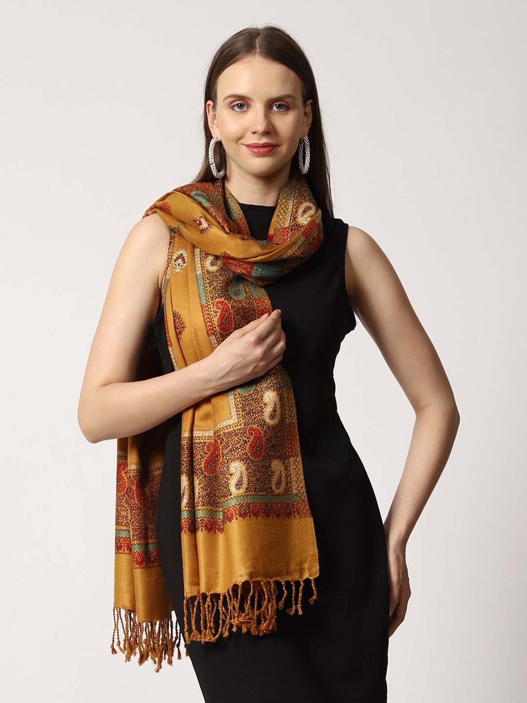 

SWI Stylish Women Floral Woven Design Woolen Stole, Mustard