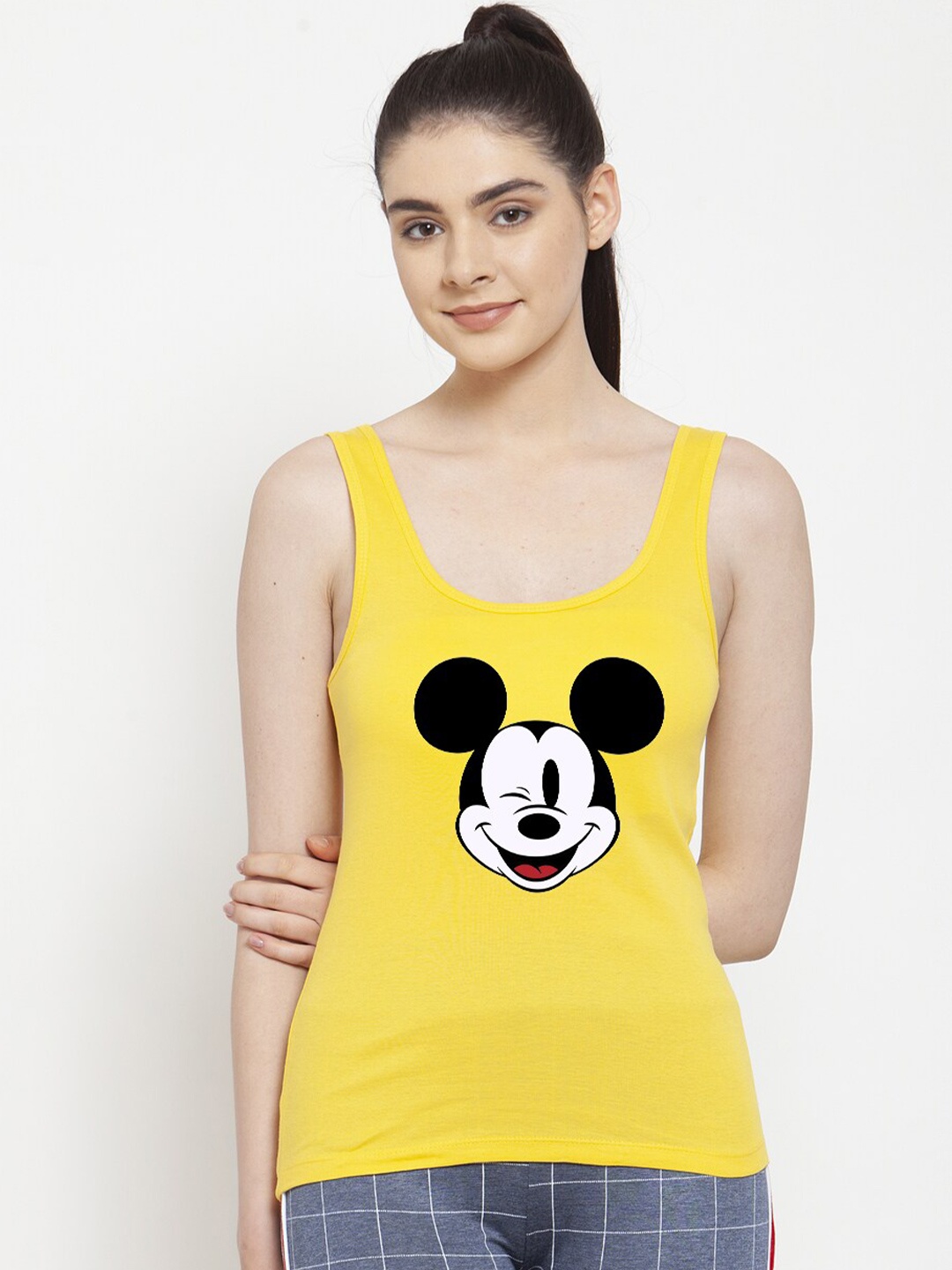 

Friskers Mickey Mouse Printed Cotton Tank Top, Yellow