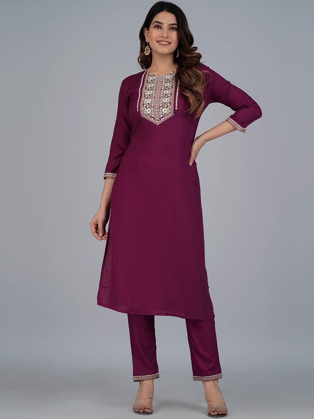 

KALINI Floral Embroidered Kurta with Trousers, Burgundy