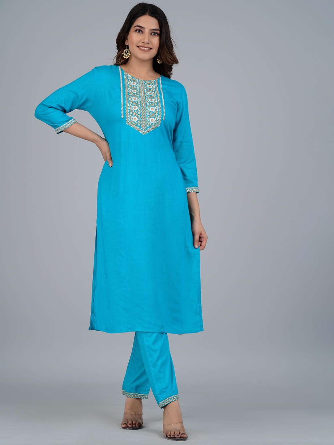 

KALINI Floral Embroidered Boat Neck Kurta with Trousers, Turquoise blue