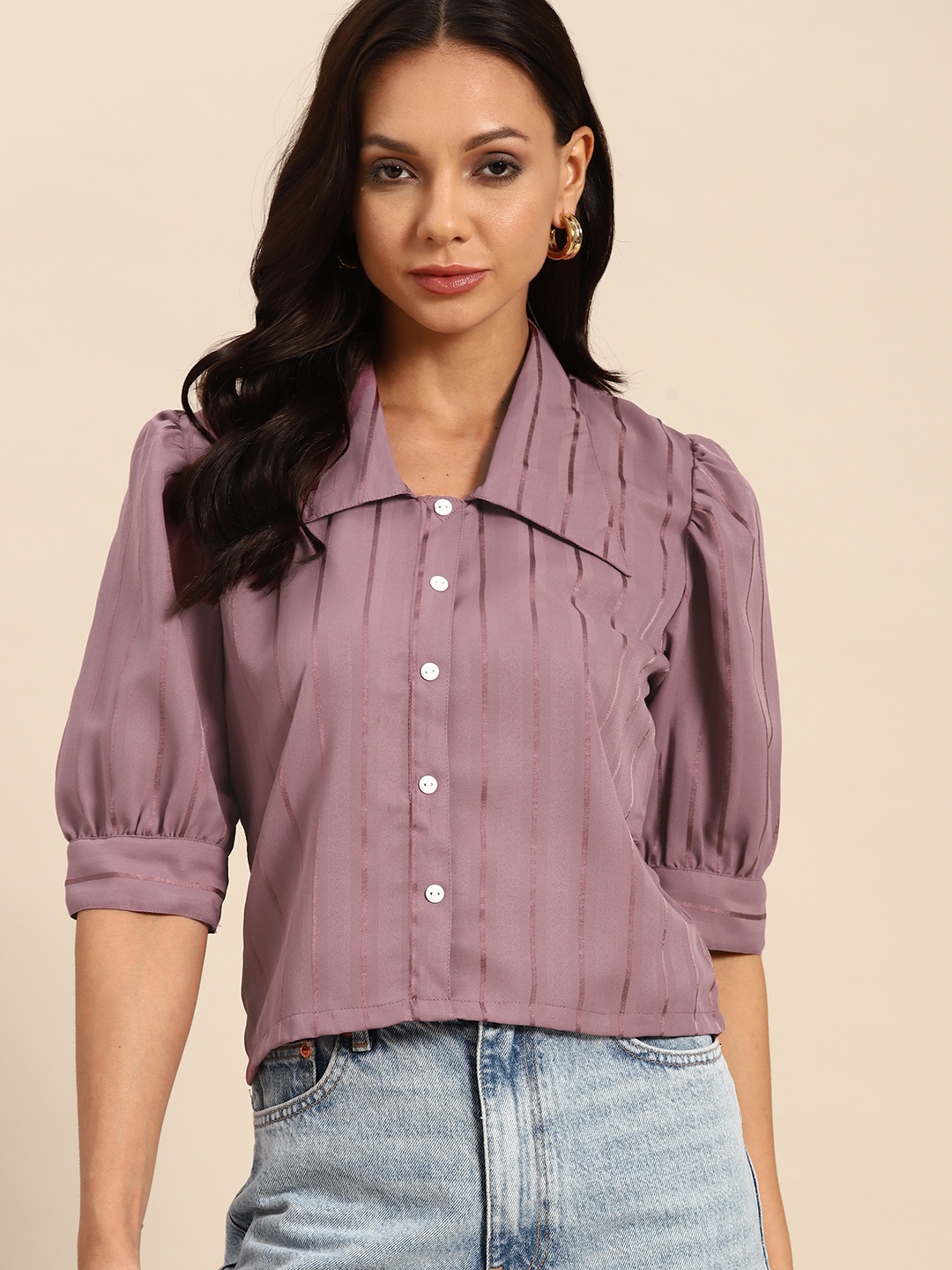 

all about you Striped Puff Sleeves Top, Purple