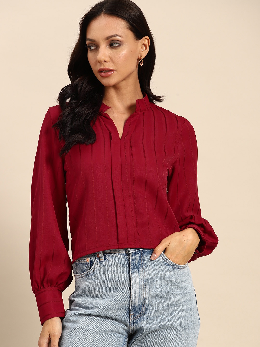 

all about you Striped Mandarin Collar Top, Maroon