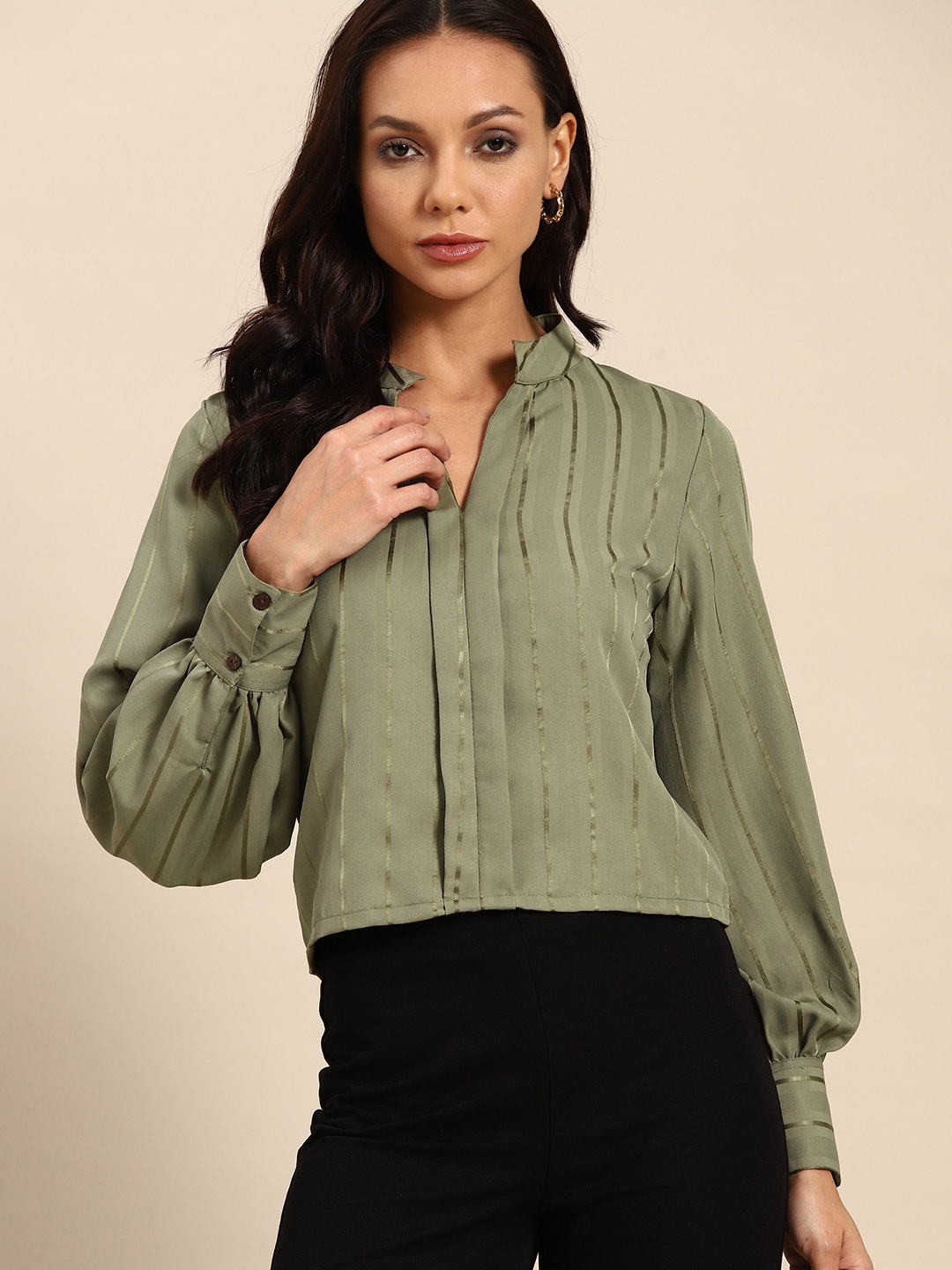 

all about you Striped Mandarin Collar Top, Olive