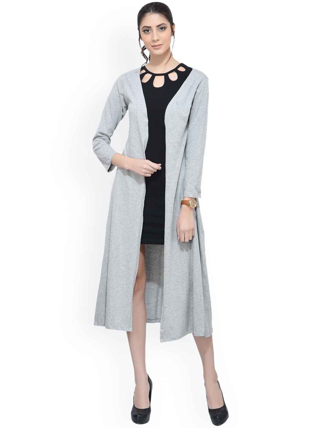 

SCORPIUS Grey Solid Open Front Longline Shrug