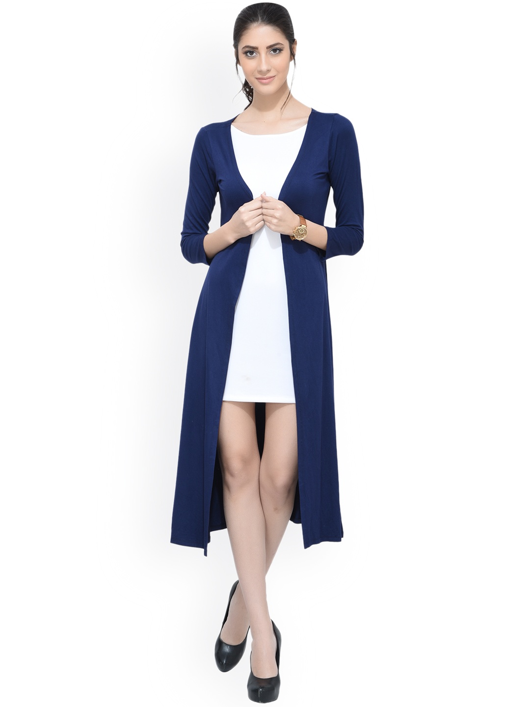 

SCORPIUS Navy Blue Solid Open Front Longline Shrug