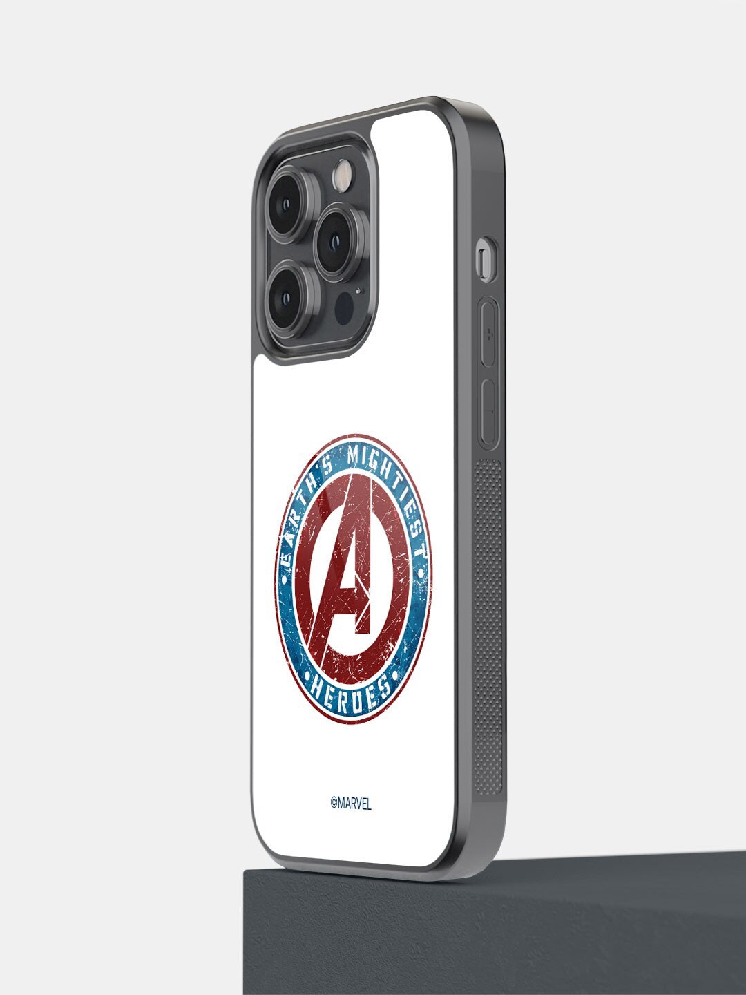

macmerise Earth's Mightiest Badge Design iPhone 14 Pro Glass Back Case, White