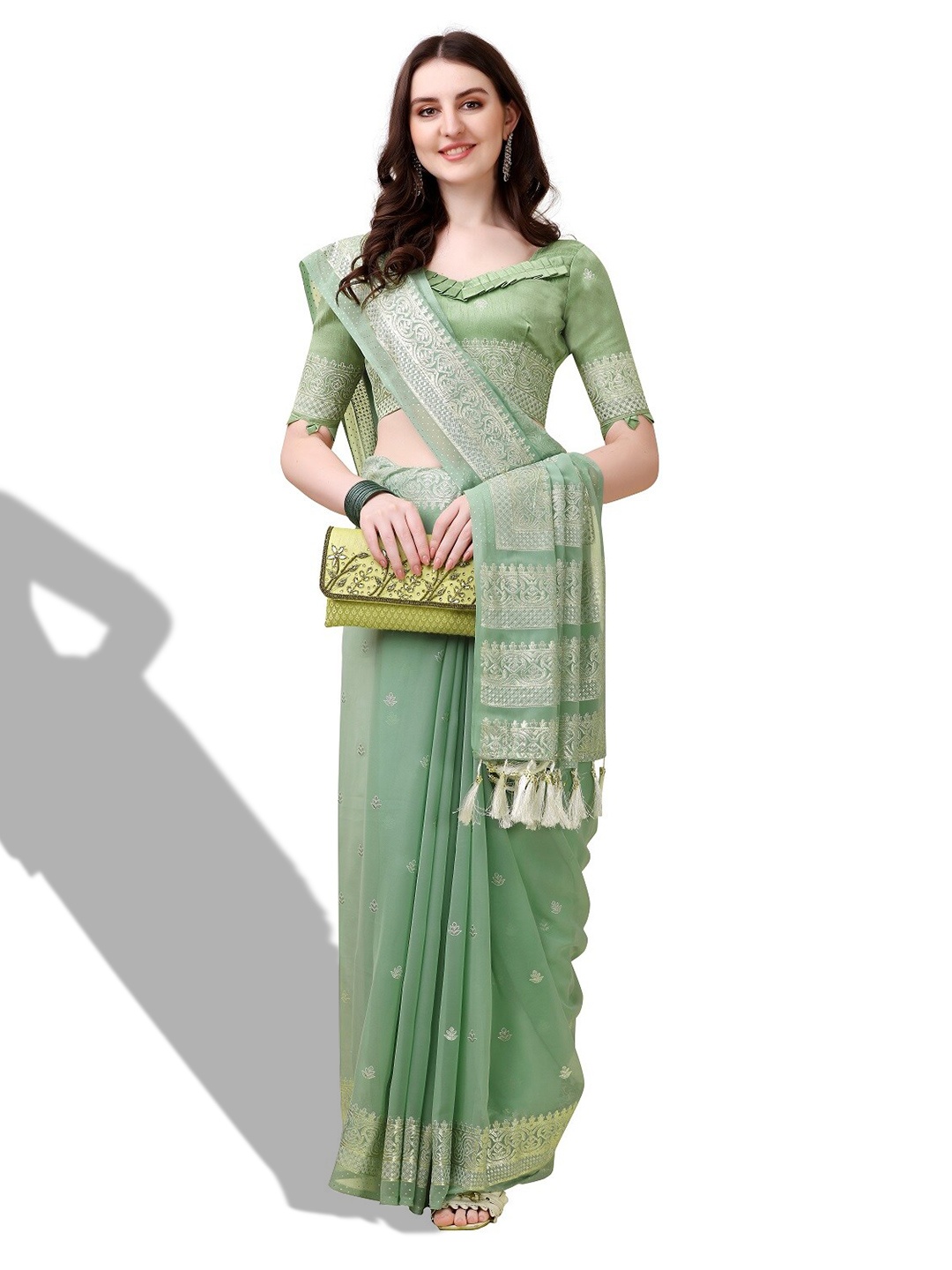 

ZEEPKART Ethnic Motifs Woven Design Zari Kanjeevaram Saree, Green