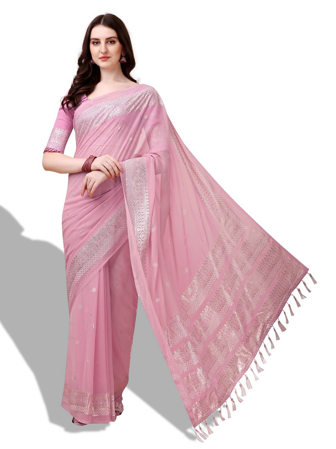 

ZEEPKART Ethnic Motifs Woven Design Zari Kanjeevaram Saree, Pink