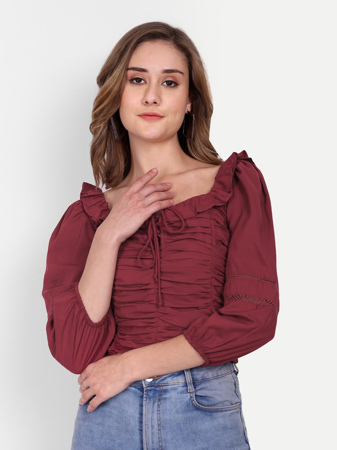 

DOLSU Puff Sleeves Tie-Up Neck Fitted Crop Top, Maroon