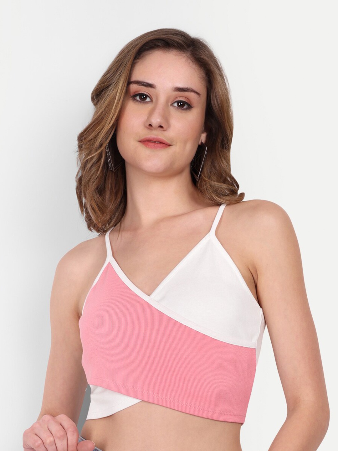 

DOLSU Shoulder Straps Cotton Wrap Crop Top, Pink