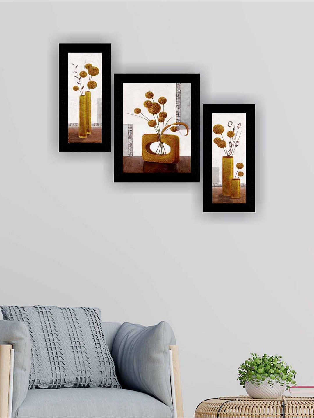 

SAF Black & Gold-Toned 3-Pieces Flower Pot Printed Framed Wall Art