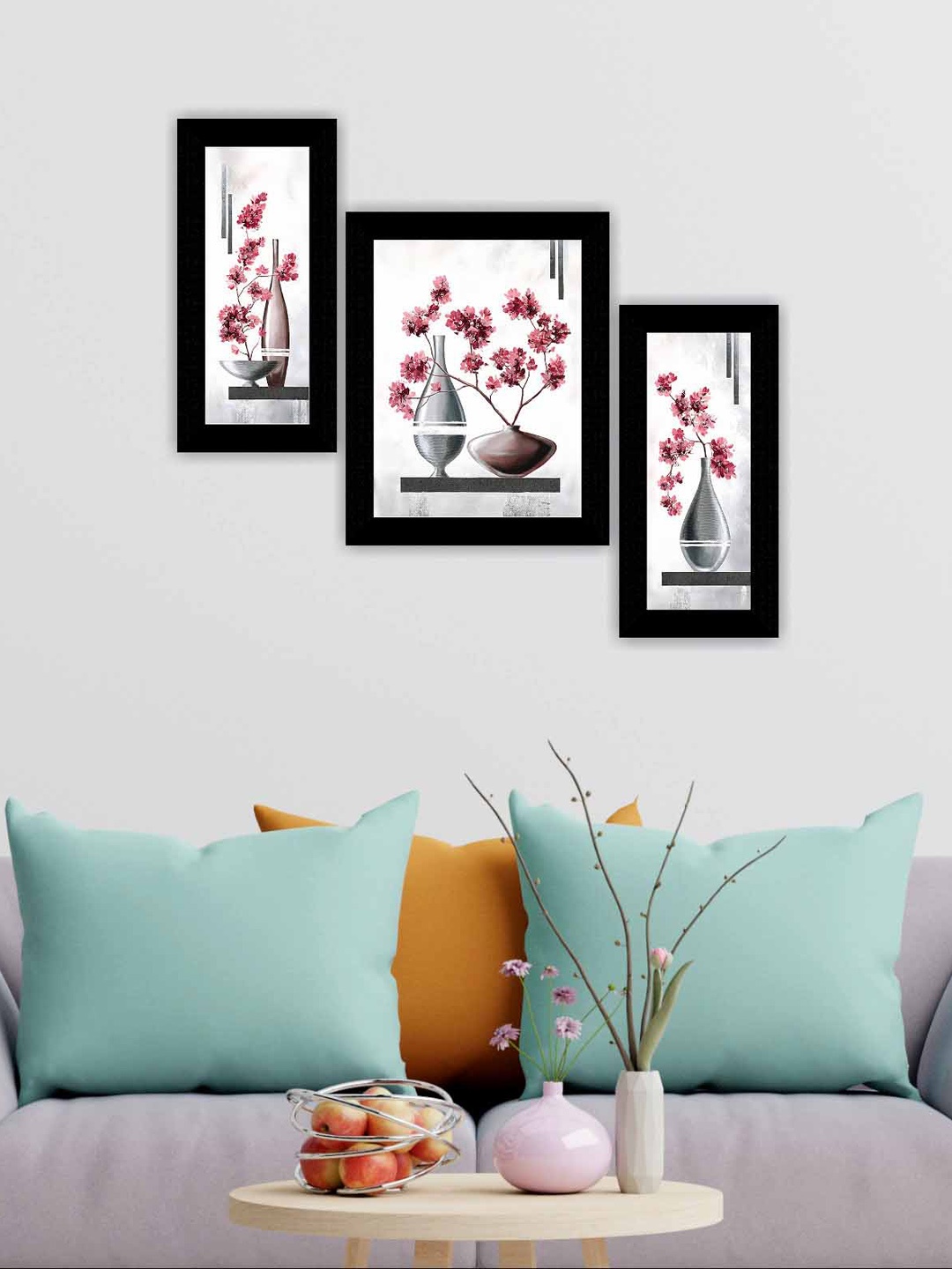 

SAF Black & Red 3 Pieces Flower Pot Modern Art Framed Wall Painting