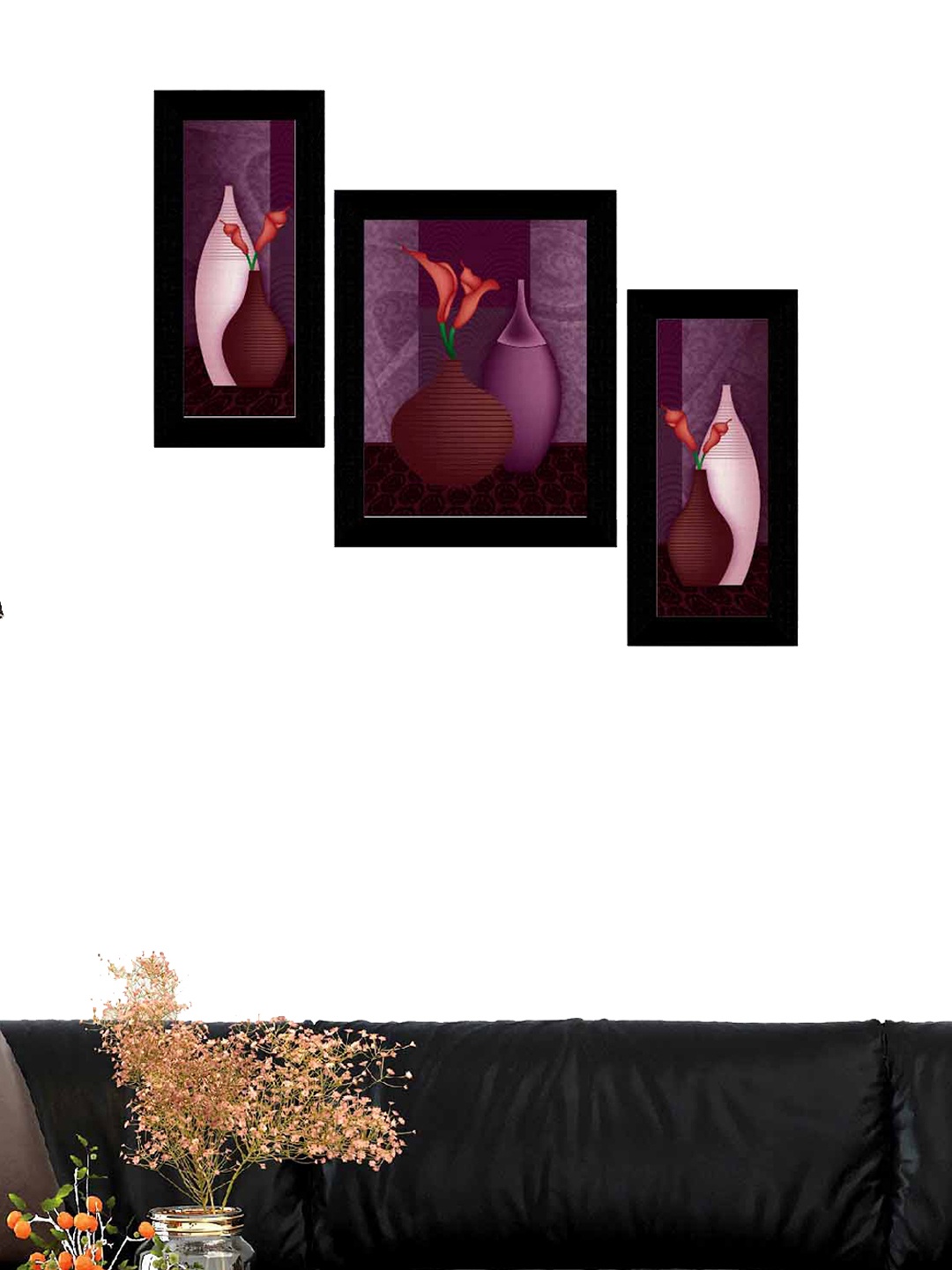 

SAF Purple & Black 3 Pieces Flower Pot Modern Wall Art Painting...