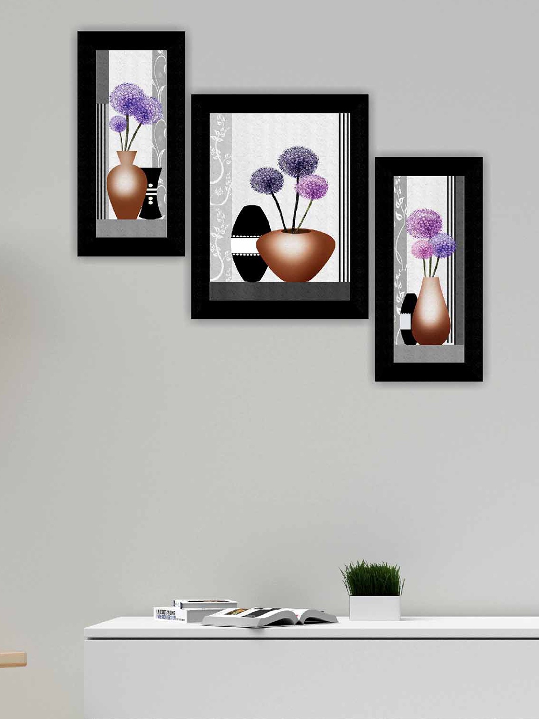 

SAF Black & Grey 3 Pieces Flower Pot Modern Painting Wall Art