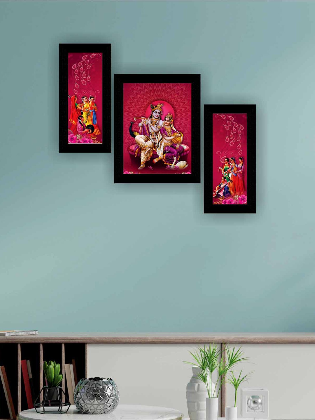 

SAF Black & Pink 3 Pieces Radha Krishna Modern Framed Painting Wall Art