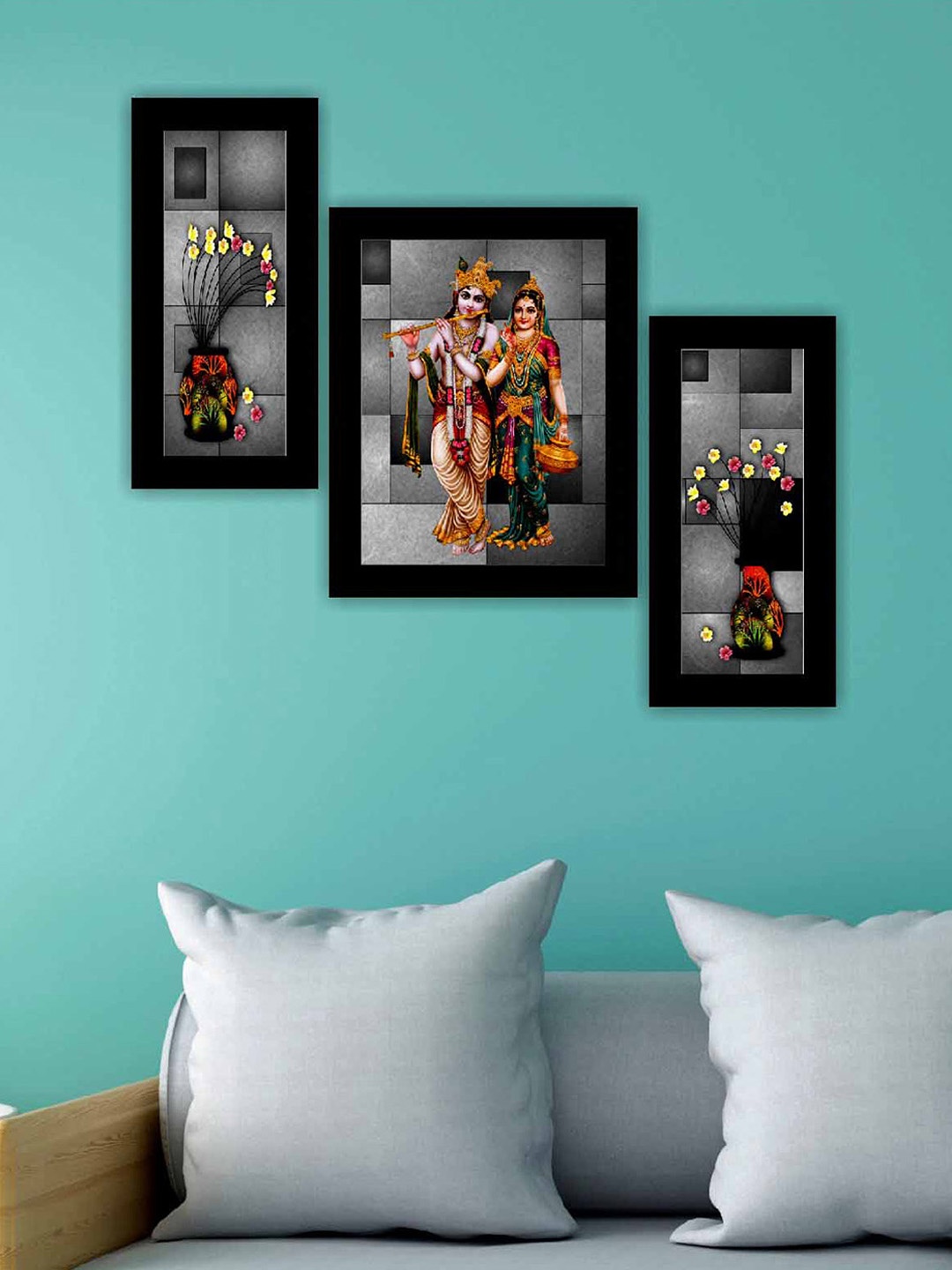 

SAF Black & Grey 3 Pieces Radha Krishna Modern Painting Framed Wall Art