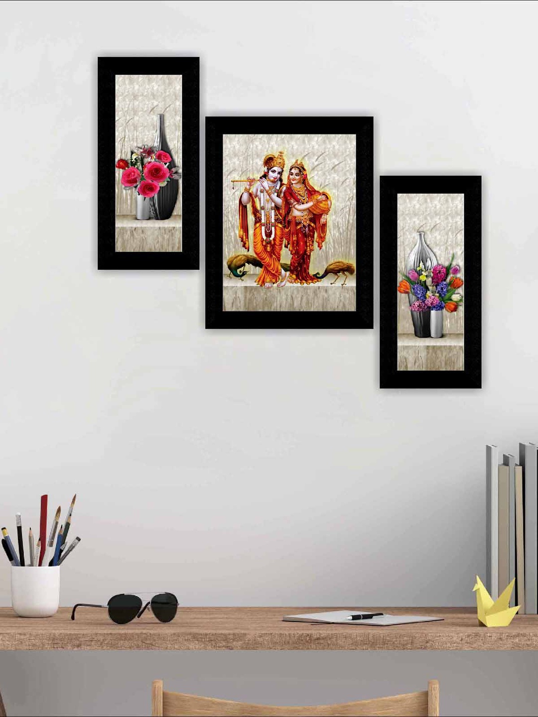 

SAF Beige & Red 3 Pieces Radha Krishna Modern Painting Wall Art