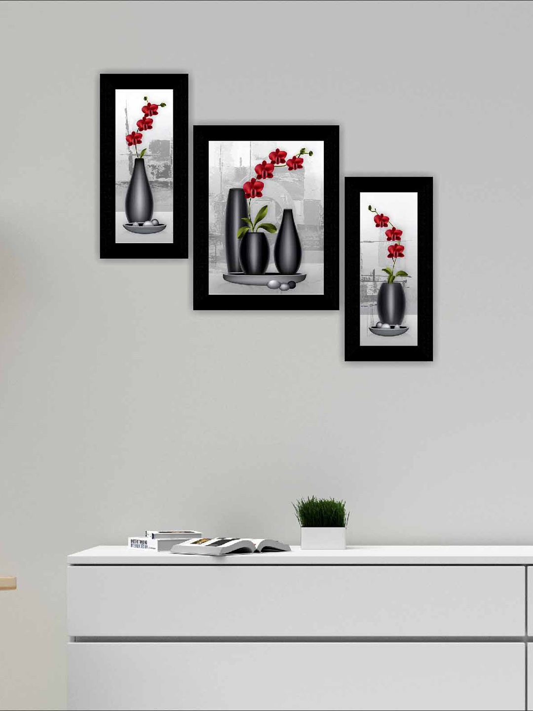 

SAF Grey & Red 3 Pieces Flowerpot Modern Framed Painting Wall Art