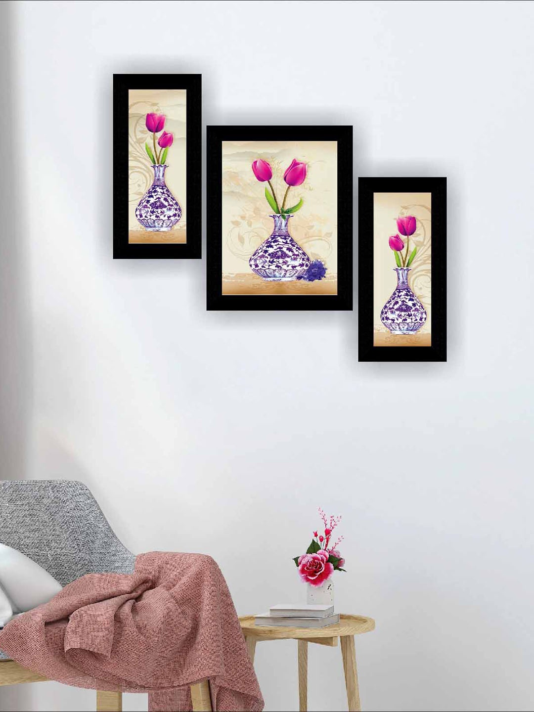 

SAF Peach & Pink 3 Pieces Flower Pot Modern Art Framed Wall Art