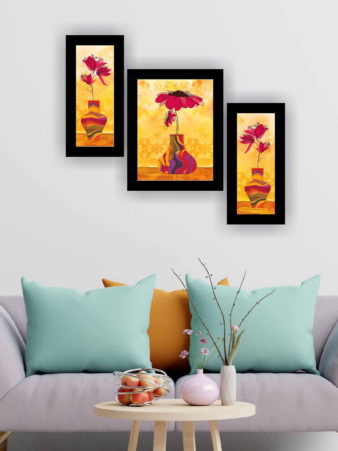 

SAF Pink & Yellow 3 Pieces Flower Pot Modern Wall Art Paintings