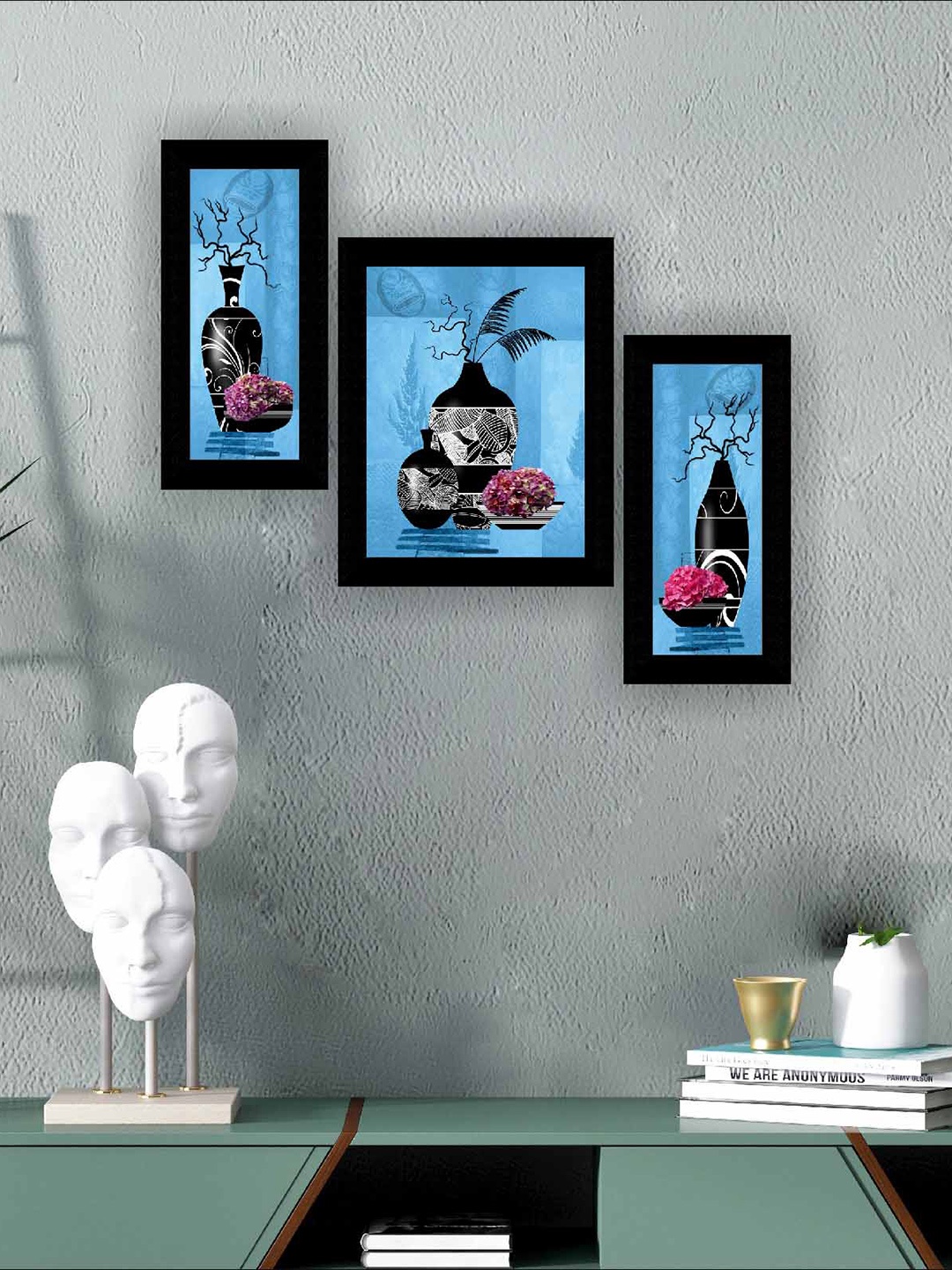 

SAF Blue & Black 3-Pieces Modern Flower Art Design Self Adhesive Framed Wall Paintings