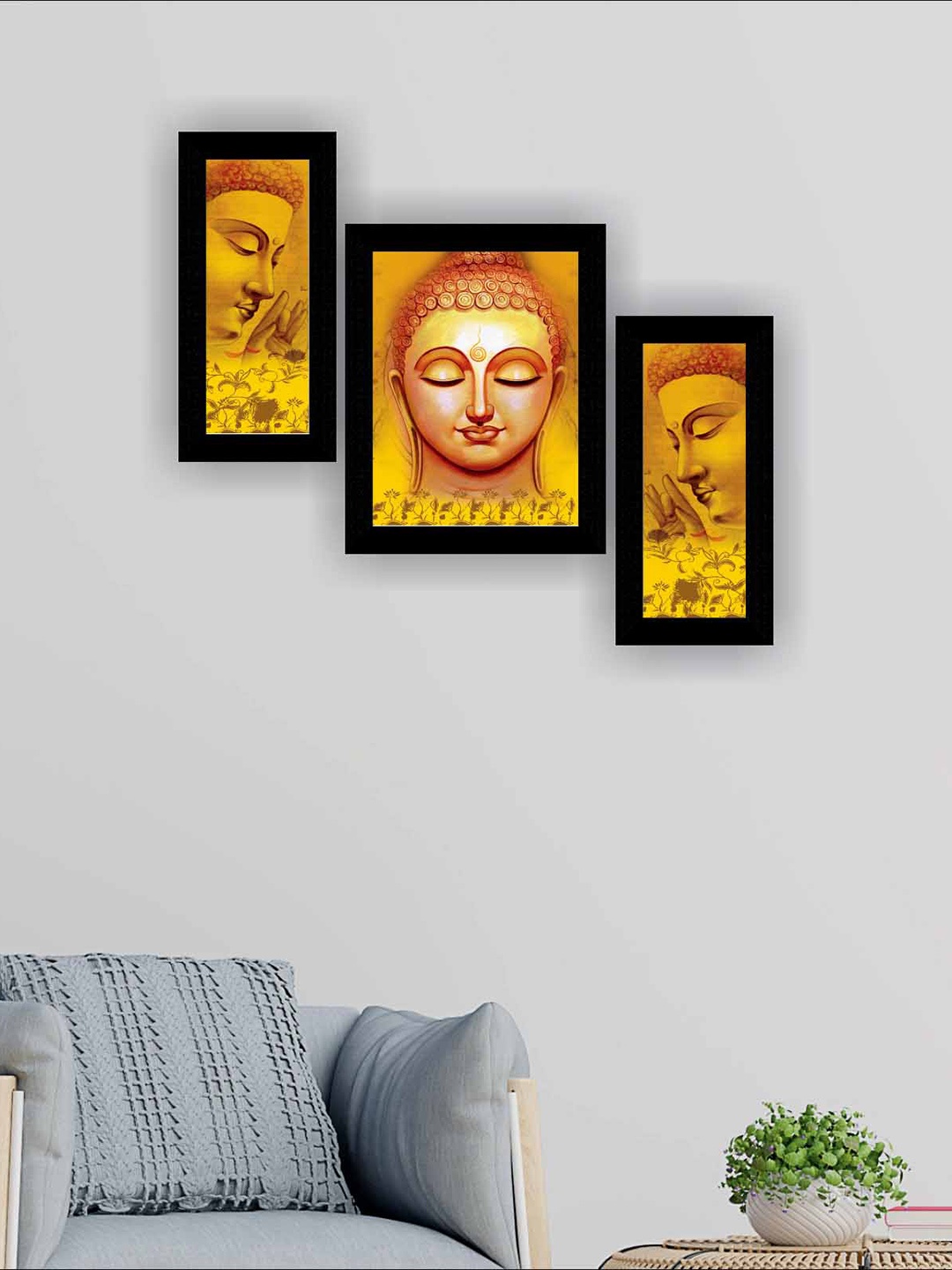 

SAF Mustard Yellow & Black 3 Pieces Buddha Modern Art Painting Wall Art