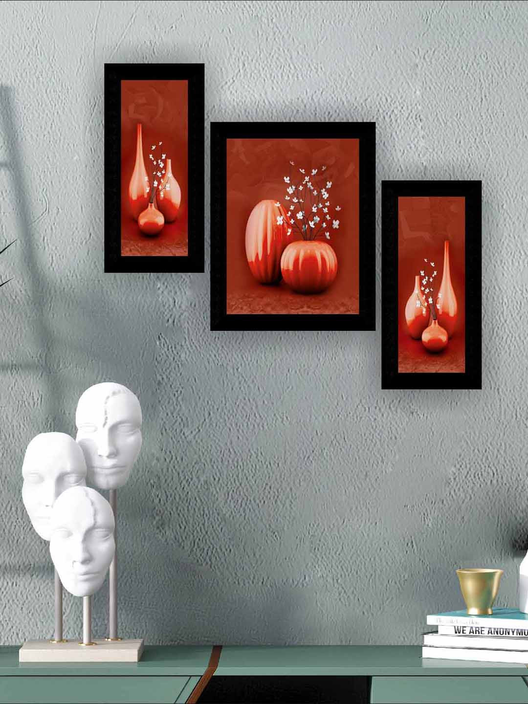 

SAF Red & White 3 Pieces Flower Pot Modern Painting Framed Wall Art