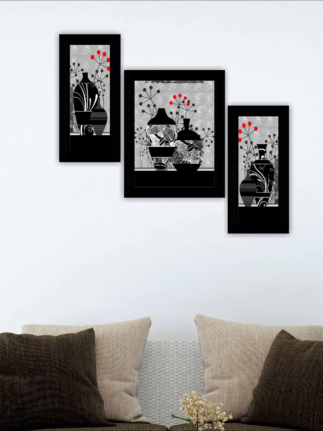 

SAF Black & Grey 3-Pieces Modern Flower Pot Art Design Self Adhesive Framed Wall Paintings