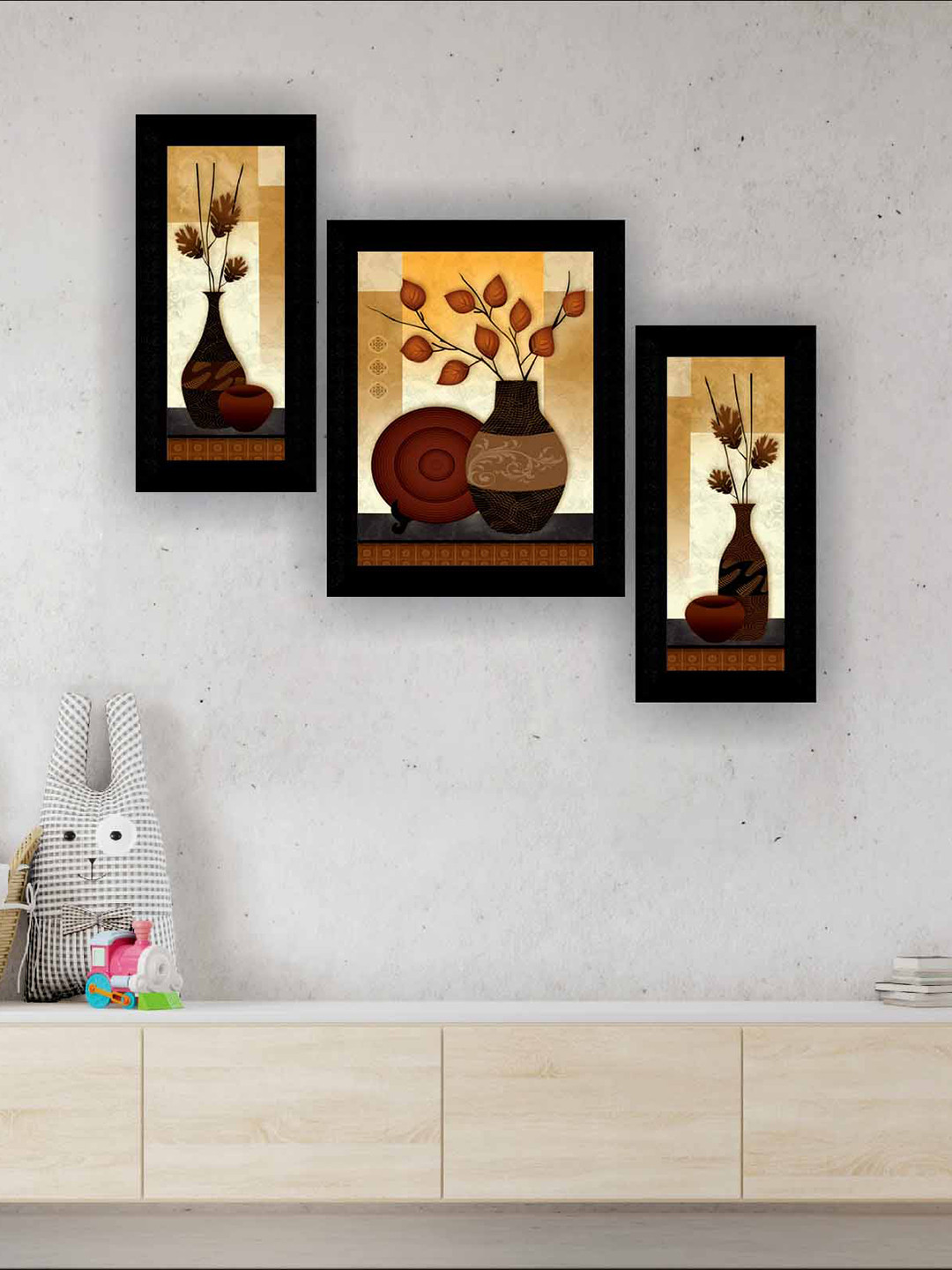 

SAF Black & Yellow 3 Pieces Flower Pot Modern Painting Wall Art