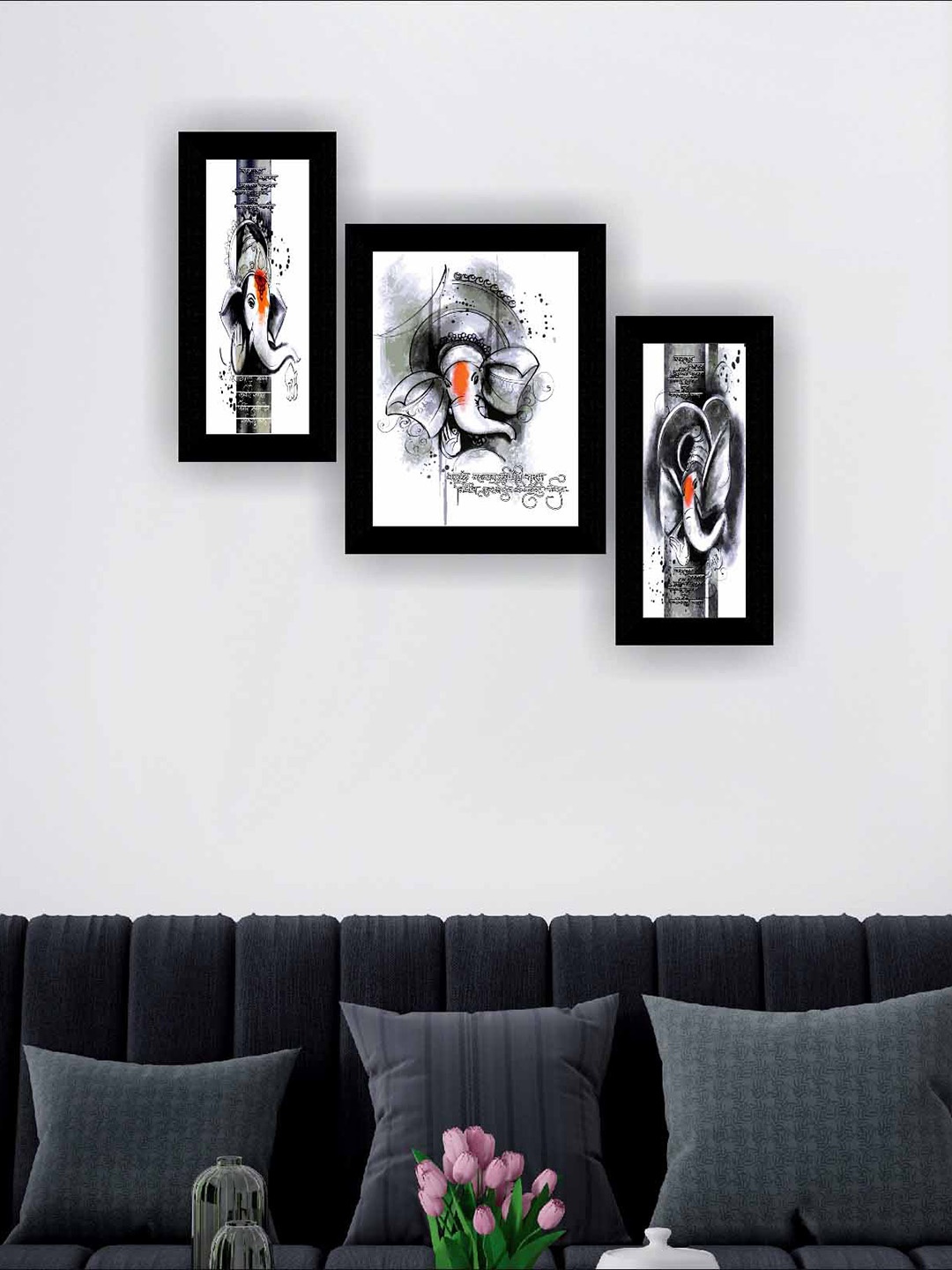 

SAF Black & White 3 Pieces Ganesha Modern Framed Painting Wall Art