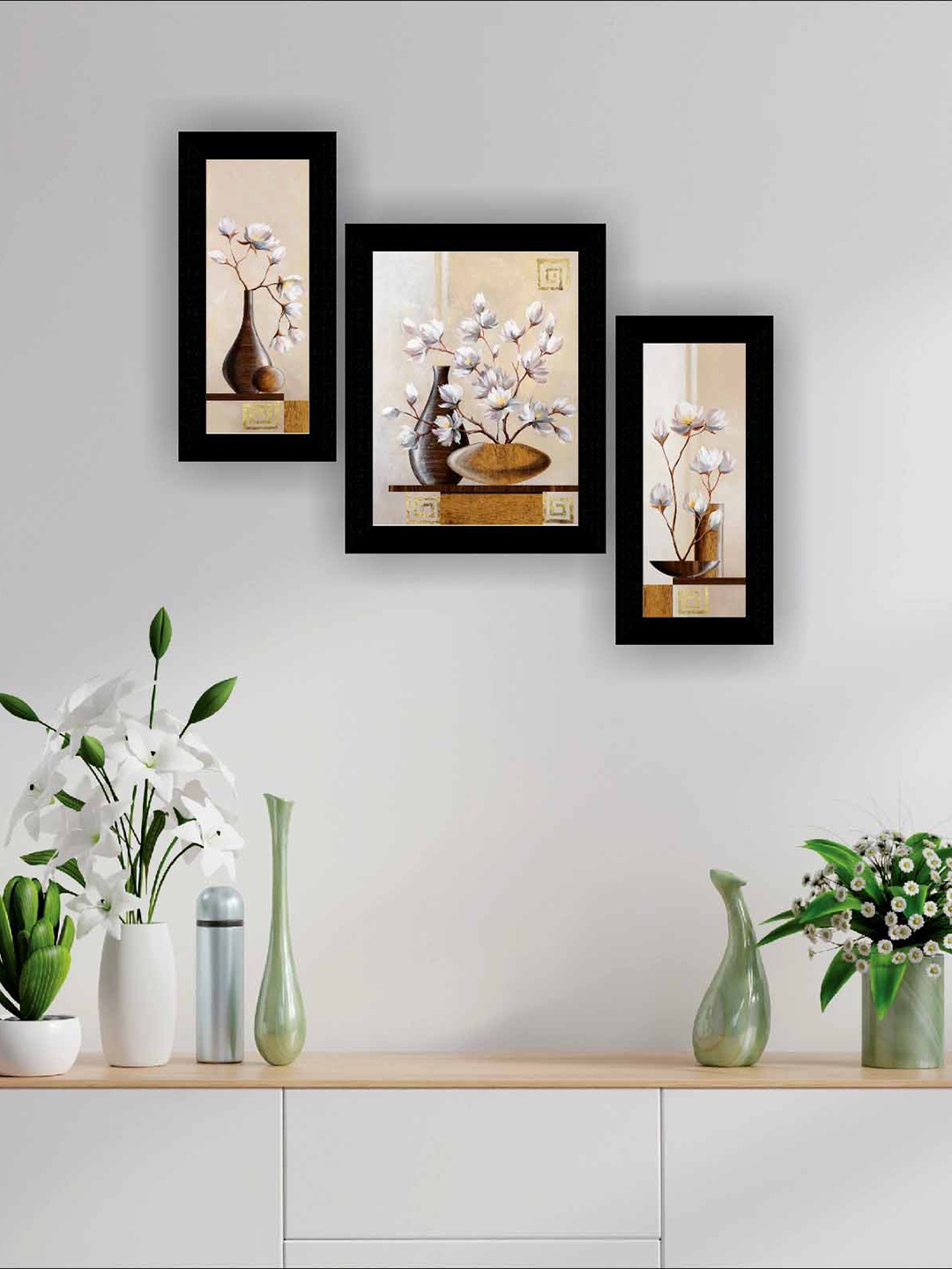 

SAF Black & Beige 3-Pieces Flower Pot Modern Art Painting Wall Art