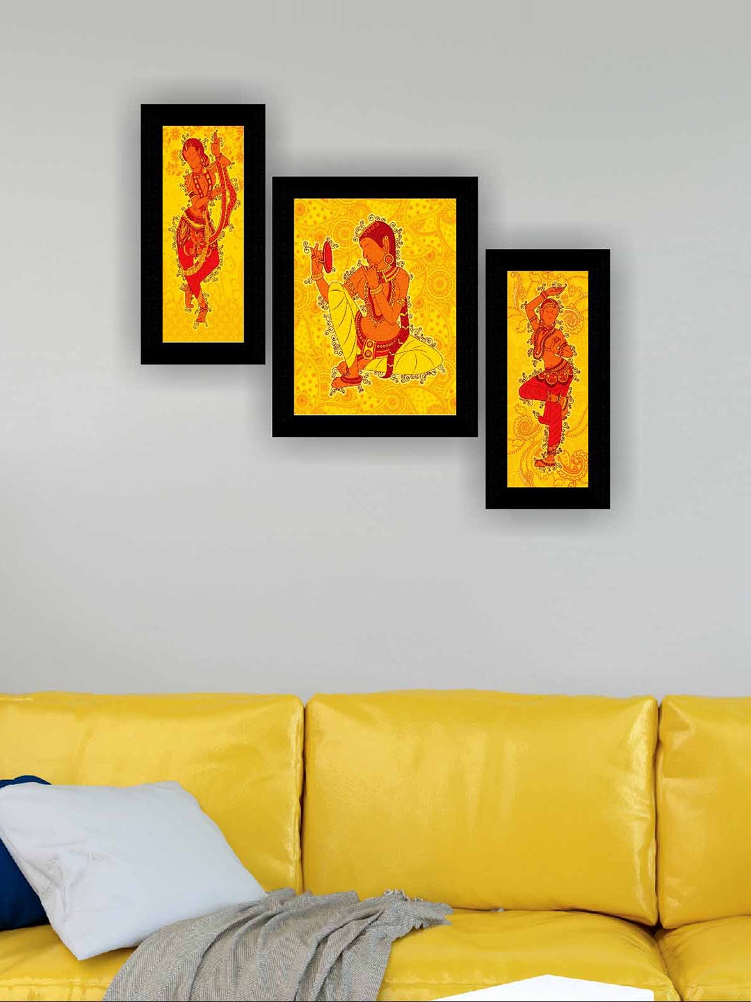 

SAF Yellow & Black 3 Pieces Ladies Doing Sringar Modern Art Painting Wall Art