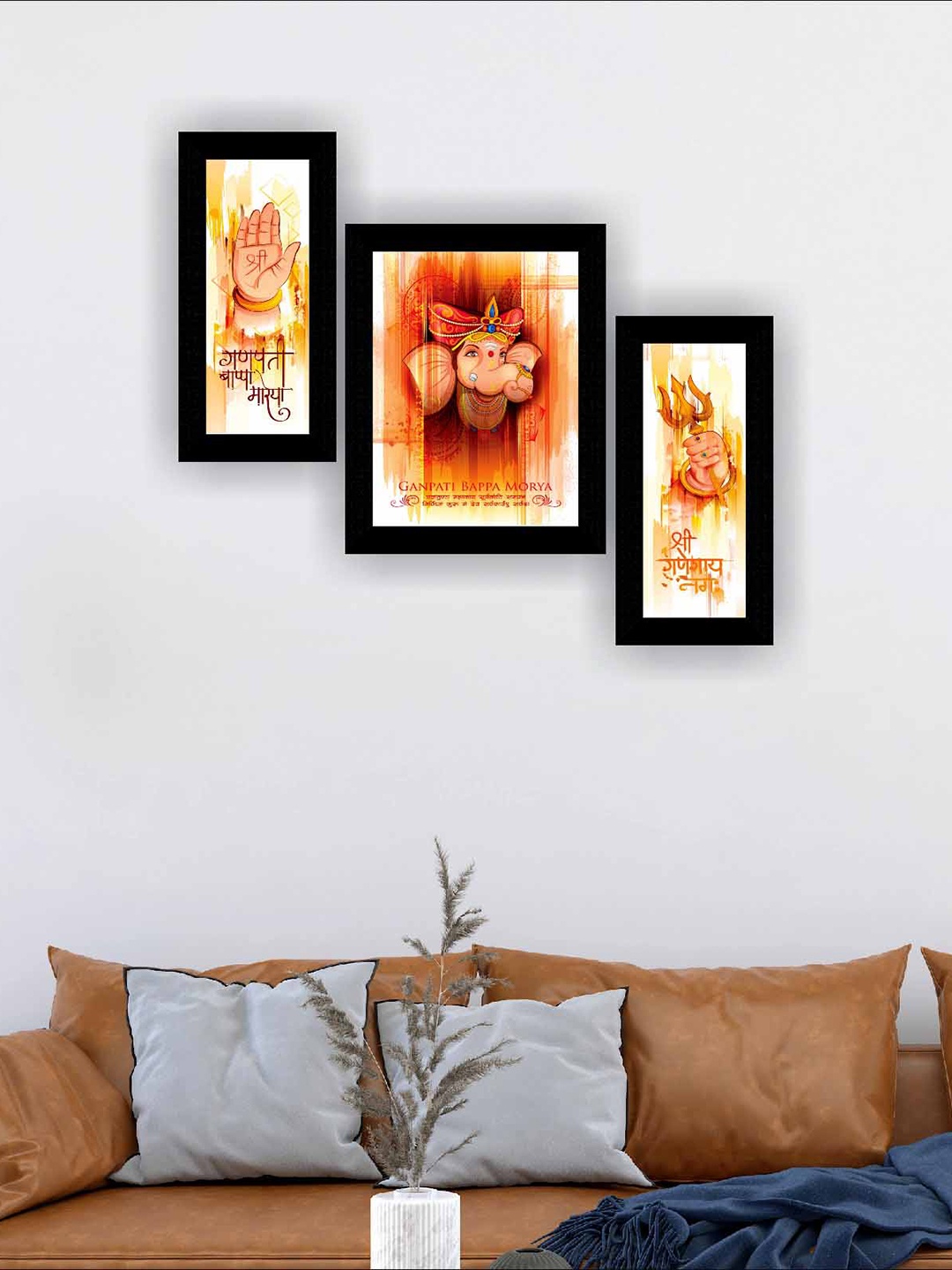 

SAF Brown & Red 3 Pieces Ganesha Modern Art Framed Wall Art