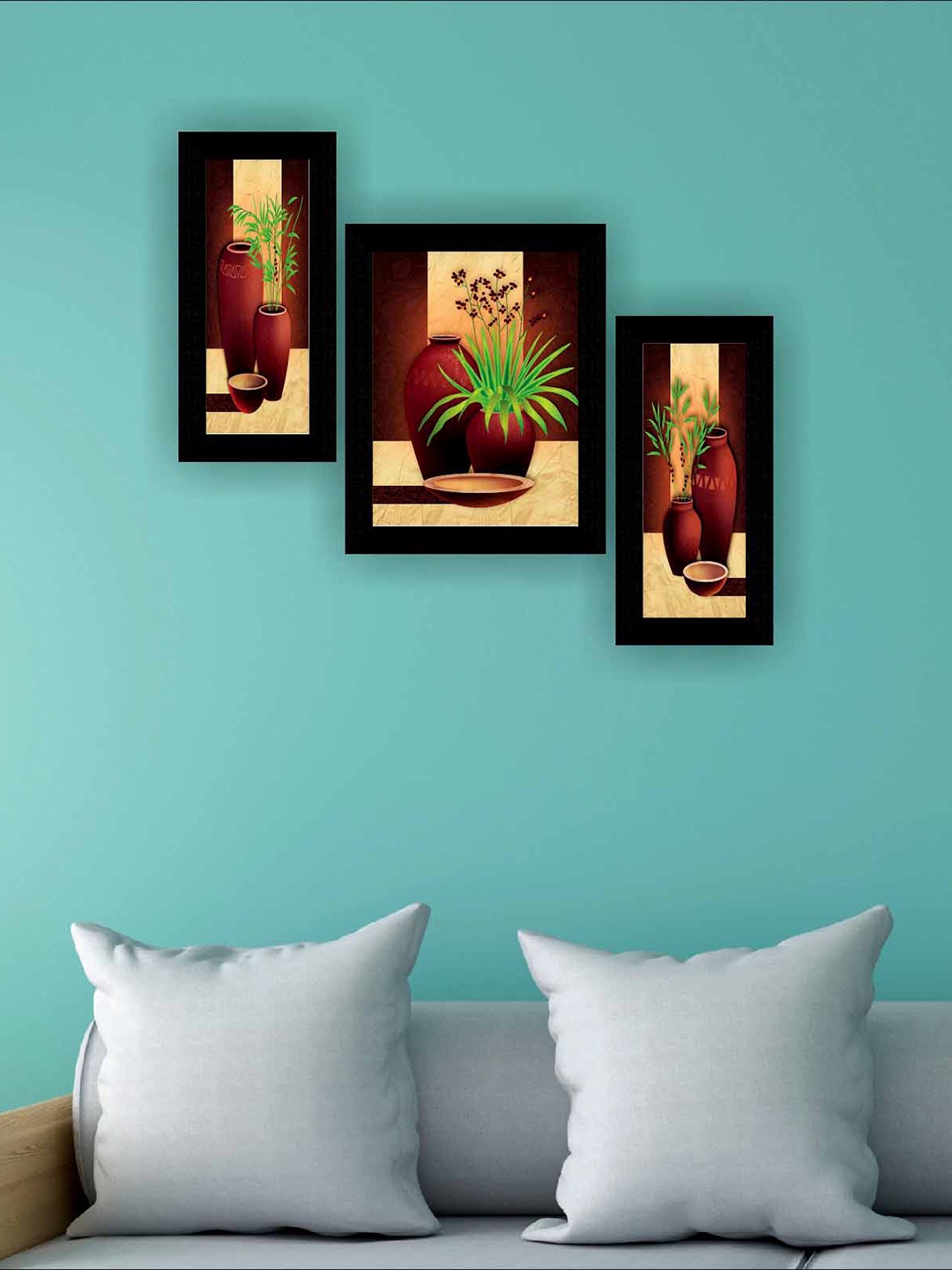 

SAF Beige & Brown 3 Pieces Flower Pot Modern Painting Framed Wall Art