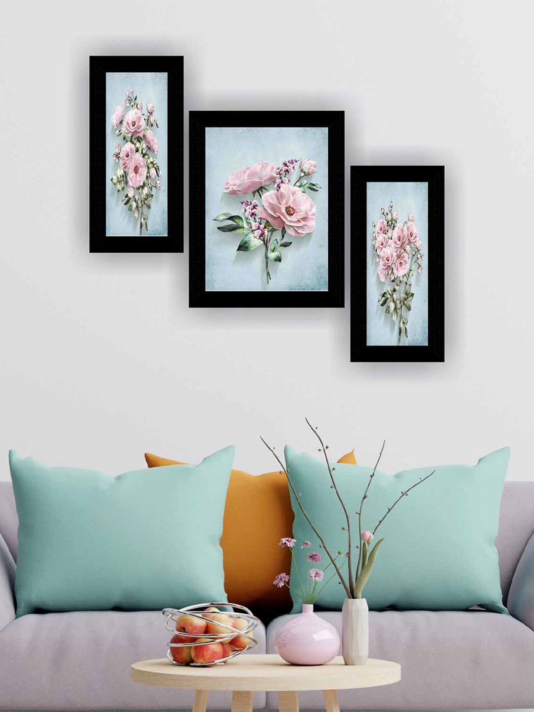 

SAF Blue & Pink 3 Pieces Flower Pot Modern Painting Framed Wall Art
