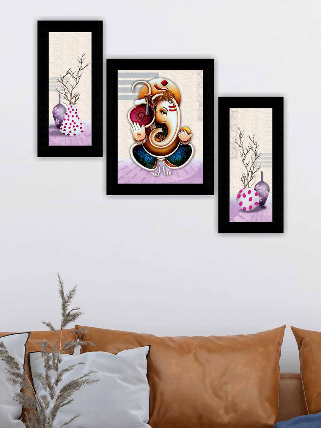 

SAF White & Purple 3 Pieces Ganesha Modern Painting Wall Art