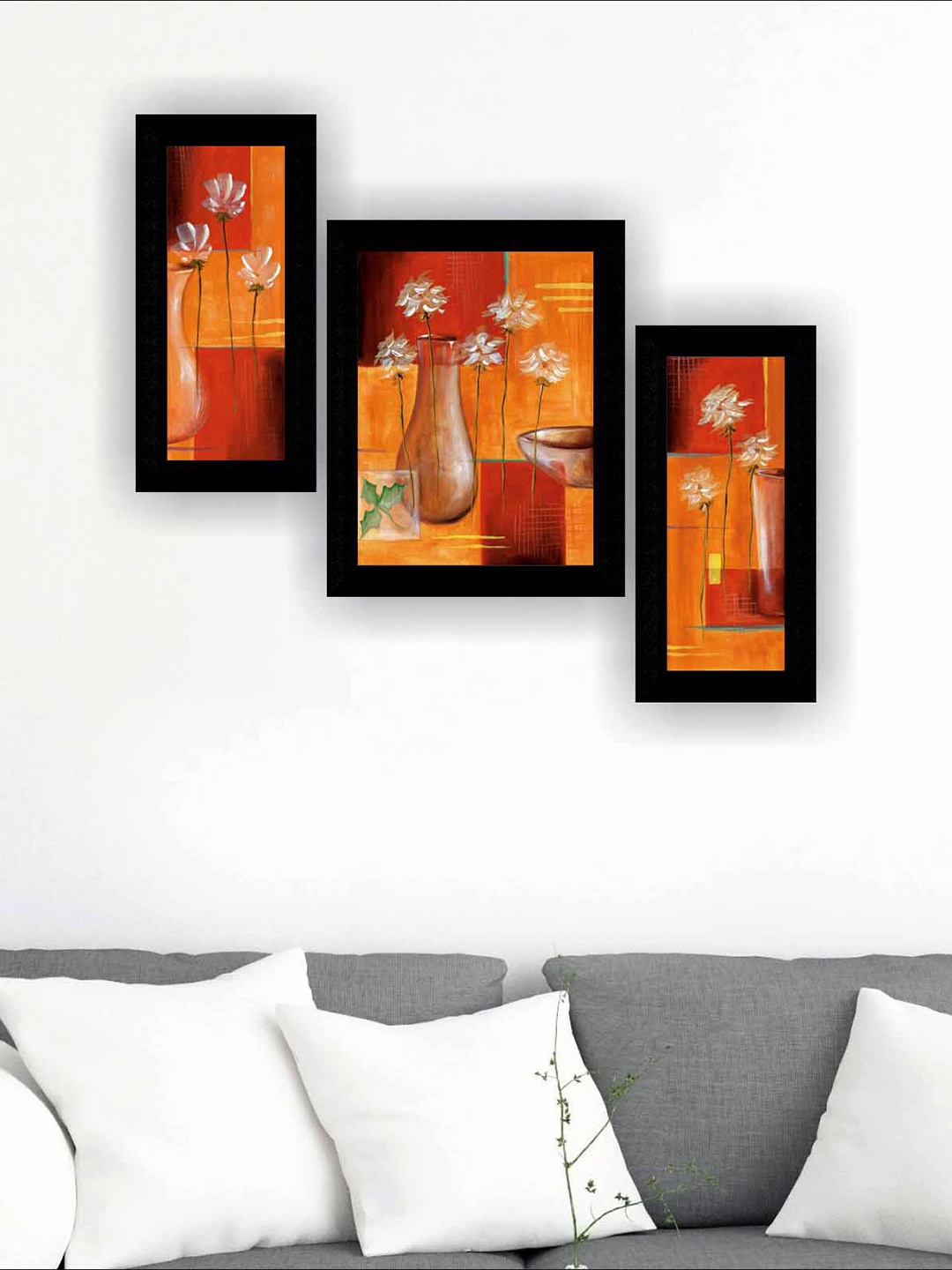 

SAF Beige & Orange Coloured 3 Pieces Flower Pot Modern Art Painting Wall Art